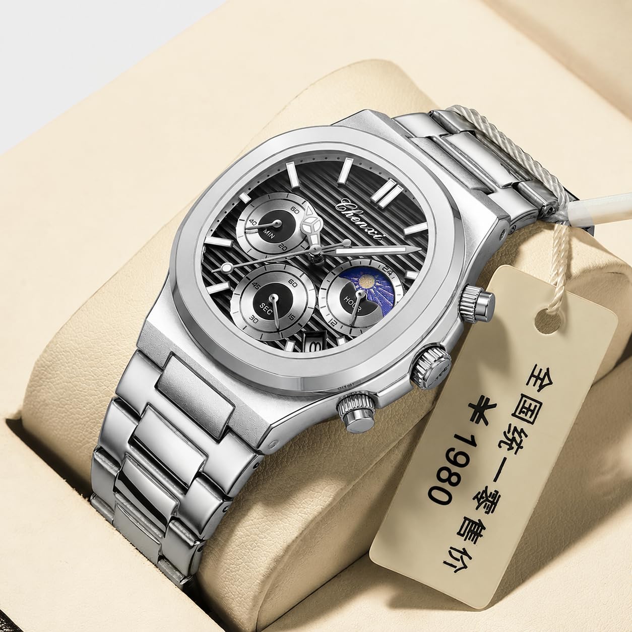 Gosasa - Orologio da uomo alla moda, in acciaio inox, movimento al quarzo, luminoso, impermeabile, con display analogico