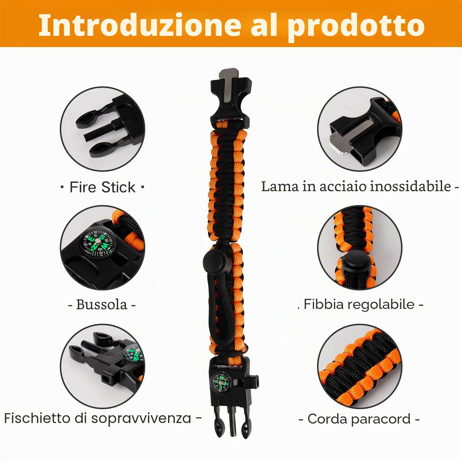 6 Pezzi Braccialetto Paracord Sopravvivenza Kit, Bracciale Sopravvivenza Regolabile, con Flint Bussola Fischietto Lame, per attività all'aperto Escursionismo Campeggio di Emergenza