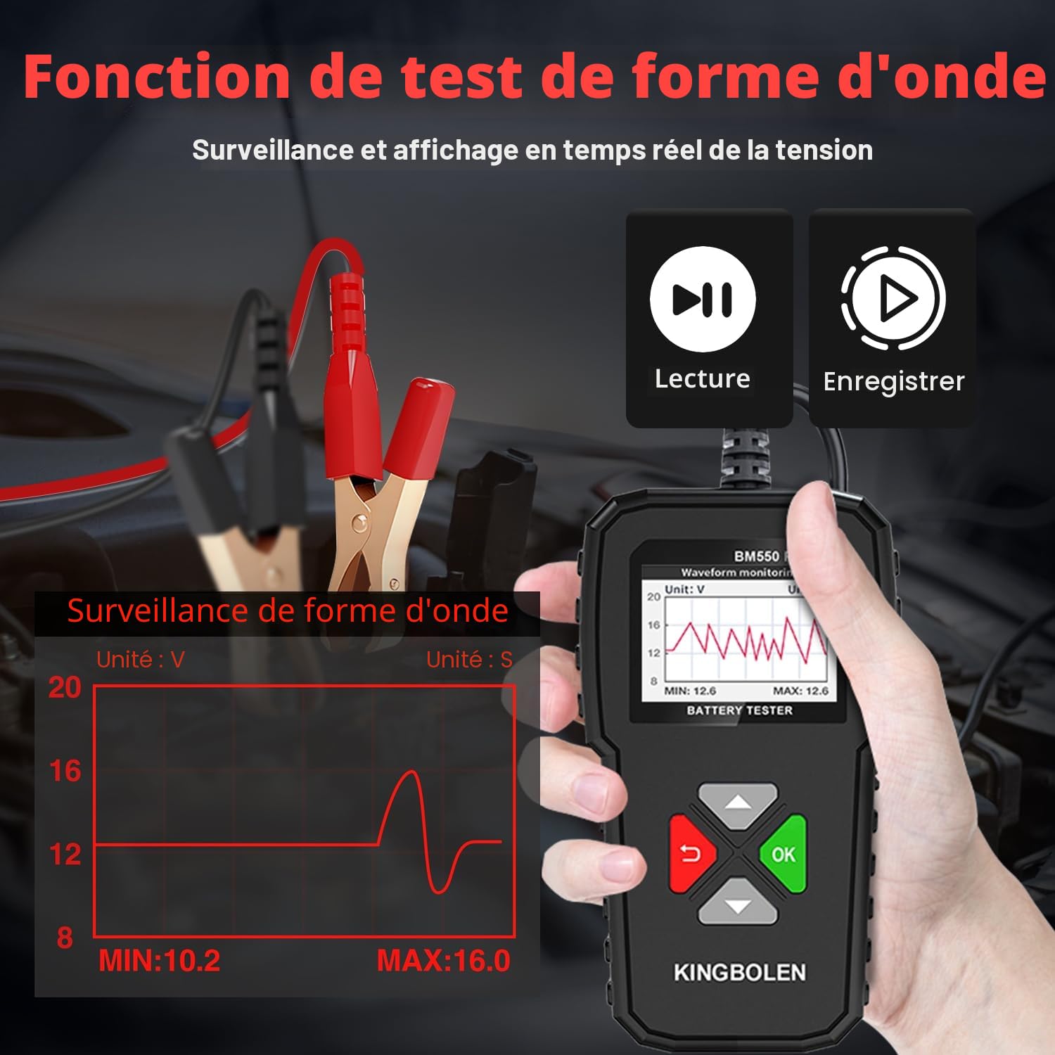 KINGBOLEN BM550 PLUS Testeur de Batterie AUTO 6V 12V 24V Écran LED, 100-2000 CCA 2-200Ah Testeur d’alternateur automobile Analyseur de batterie numérique pour Voiture/Camion/Moto/ATV/SUV/Bateau/Yacht