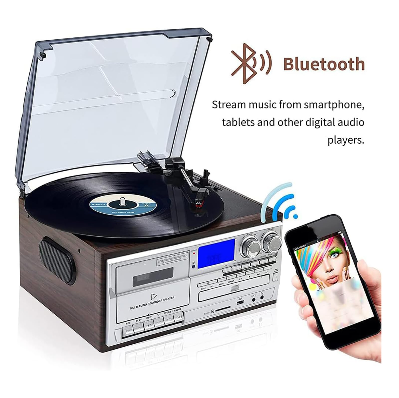 Giradischi Bluetooth retrò, giradischi vintage a 3 velocità con altoparlanti integrati, lettore CD, radio AM/FM/SD/USB, per dischi o album in vinile (7", 10" e 12")
