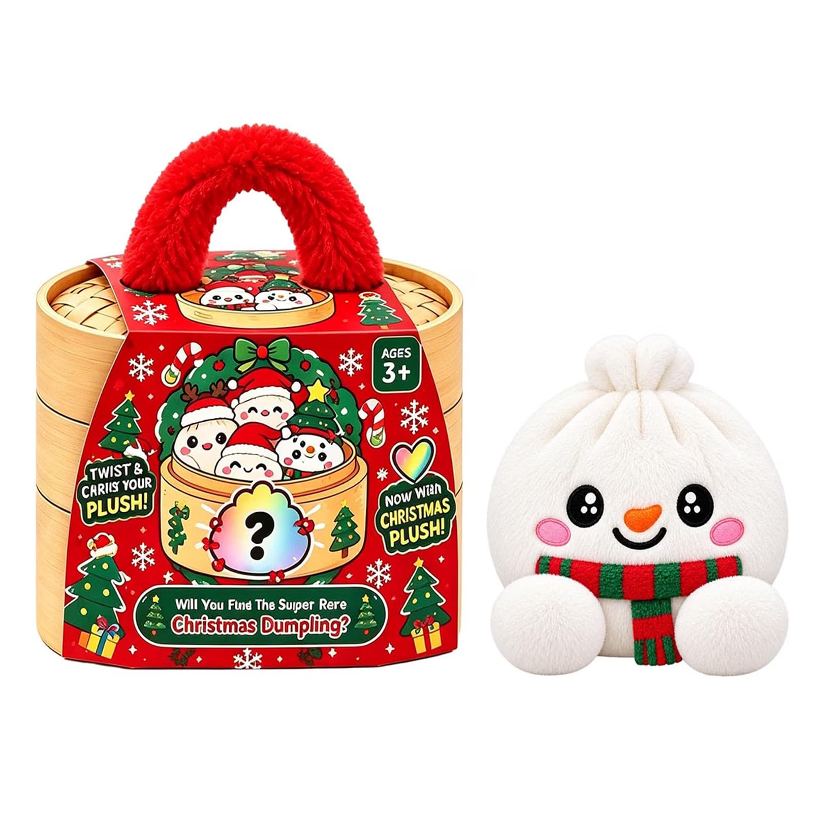 Christmas Plush Dumpling Cushion Cute Stuffed Squishy Bun Stress Relief Pillow with Steamer Gift Box for Adults, Home Office Decor