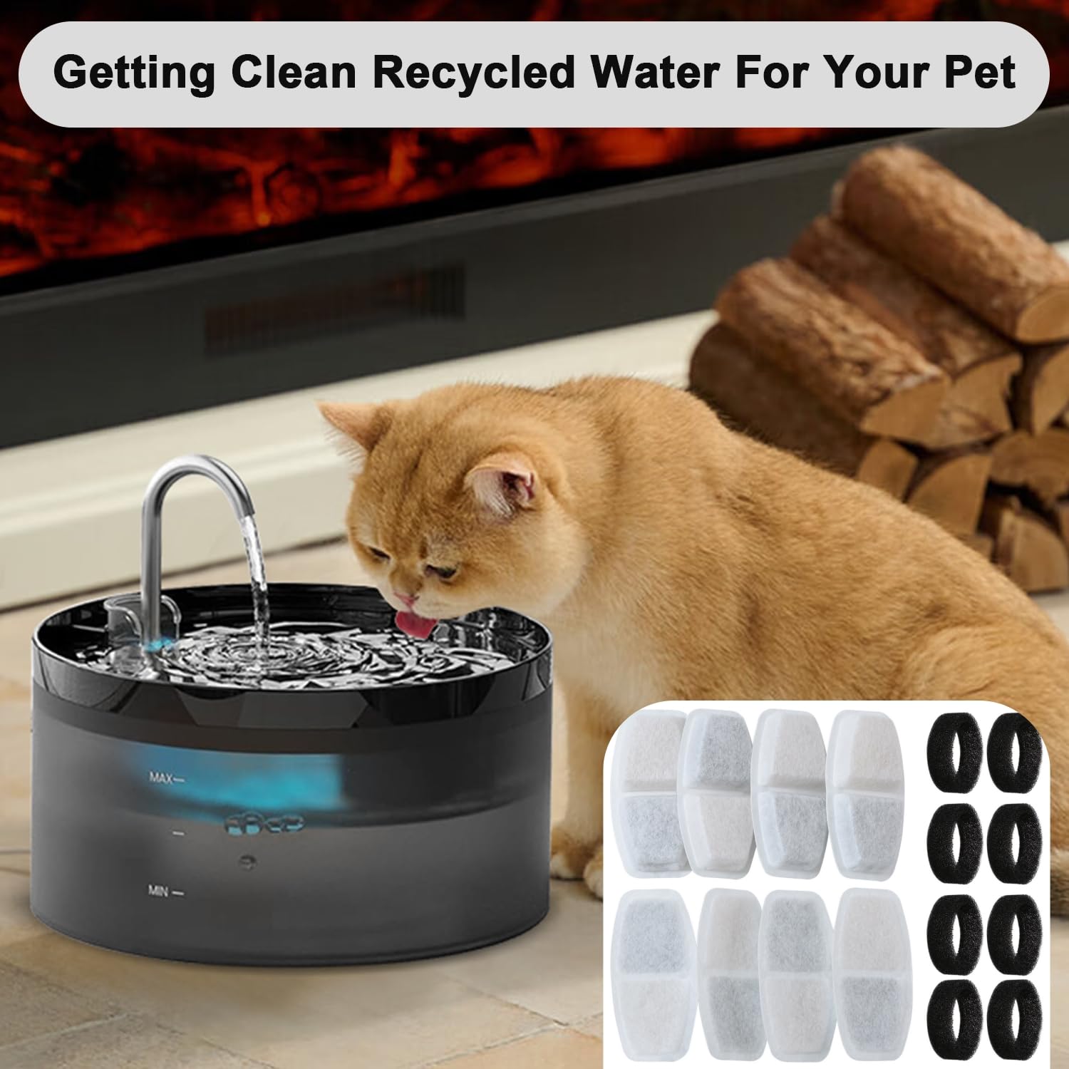 Zemiu Filtro Fontanella per Gatti 16 Pezzi, 8 Pezzi Filtro + 8 Pezzi di Spugna de Fontanella per Gatti Per Fontana Gatto 3.2L,2.5L (108oz,84oz) con Carbone Attivo e Resina-Tripla Filtrazion