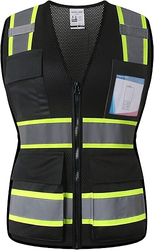 Chalecos de seguridad de malla negra reflectante de alta visibilidad con 8 bolsillos y cremallera frontal, chaleco de seguridad de alta visibilidad