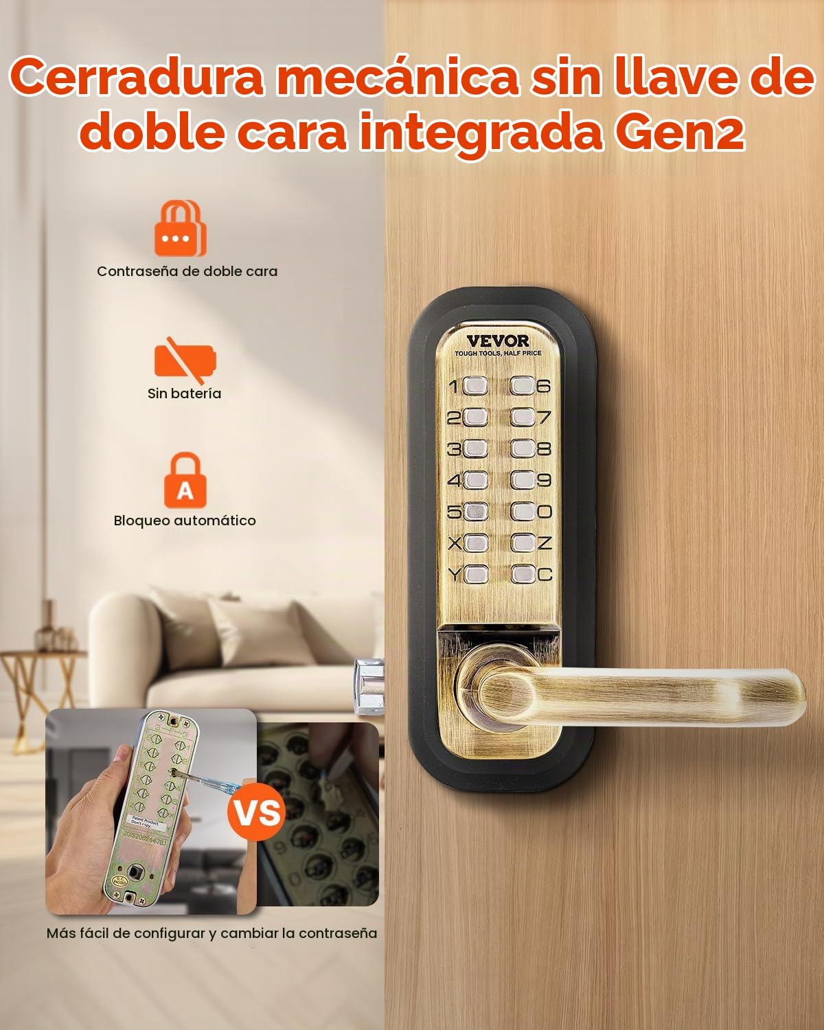 VEVOR Cerradura de Combinación Mecánica con Teclado de Doble Cara 14 Teclas, Cerradura de Puerta sin Llave con Manija, Bloqueo de Código para Puertas de 35 a 65 mm de Grosor para Oficina, Patio