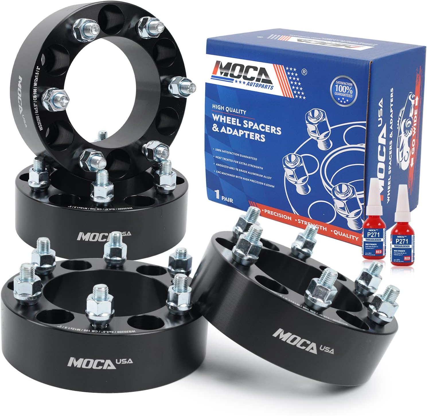 MOCA 50.8mm 6x139.7 Hubcentric Wheel Spacers (108mm Bore) - M12x1.5 Studs Fit for Chevrolet Colorado & for GMC Canyon & for Honda Passport (Black, Pack of 4)