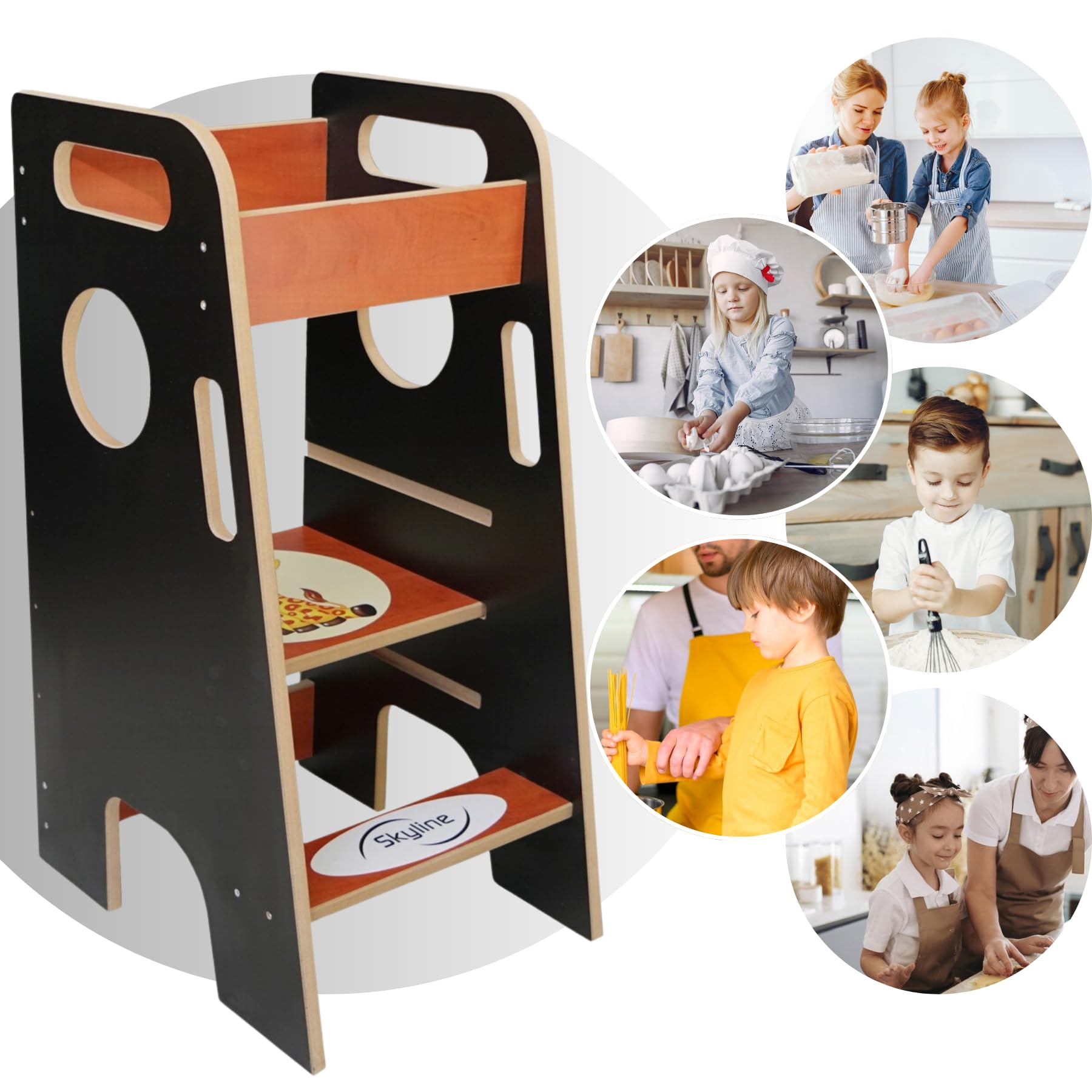 Skyline Lernturm aus Holz Für Kinder Baby I Lernstuhl Montessori I Küchenhelfer mit Verstellbarer Höhe und Sicherheitsschiene I Learning Tower für Mädchen & Jungen (Modellnummer 2)