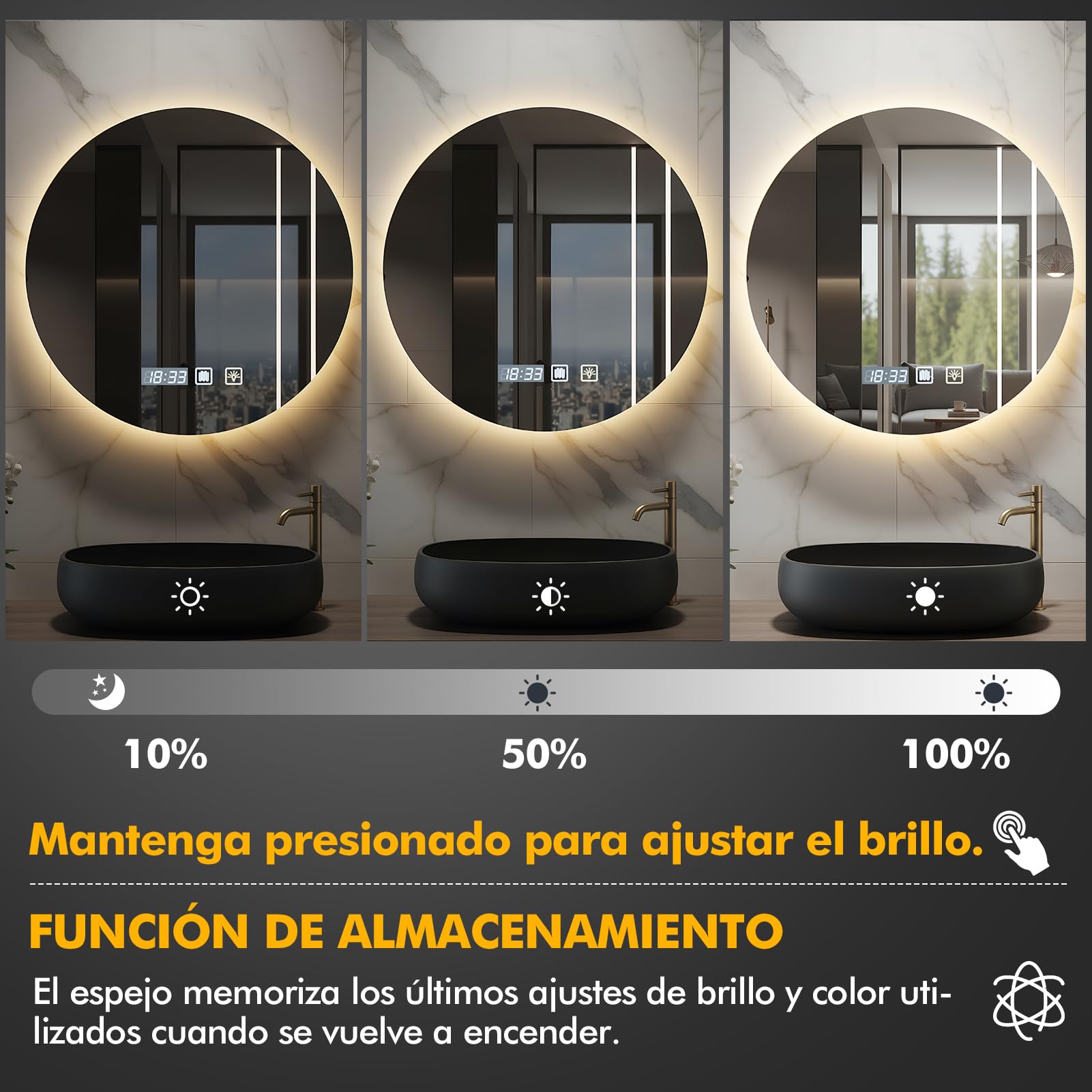 Espejo de Baño Iluminado con LED 60 x 60 cm,Espejo Baño LED Antivaho,Espejos Bano con Luz Regulable de 3 Colores,Ajuste de Brillo, Interruptor Táctil, Espejos de Bano con Luz LED Retroiluminadas