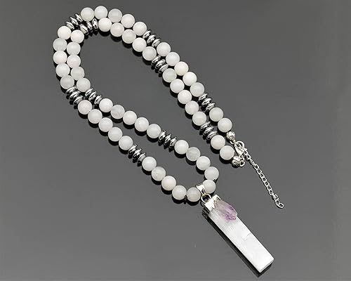 Miniatura 6 de ElisaJewelryArt - Natural Raw Selenite With Amethyst Crystal Beaded Necklace Genuine Selenite Gemstone Feng Shui Stone Clasp Closure Necklace Unisex