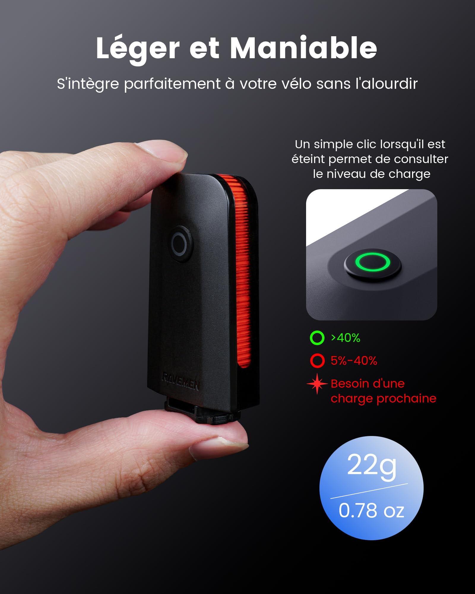 RAVEMEN CL01 Feu Arrière de Vélo 30 Lumens Grand Angle 300° USB C Détection de Freinage