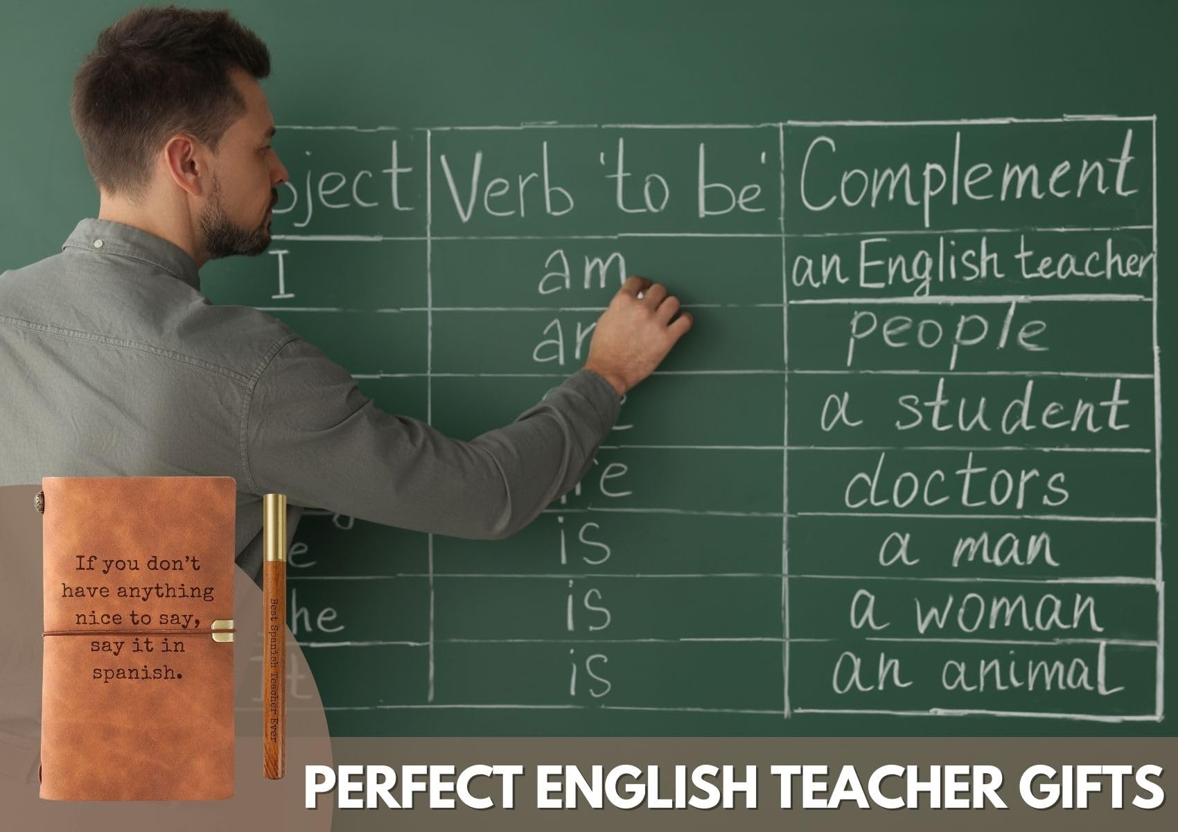 InnoBeta English Teacher Gifts, Leather Journal Notebook with Pen 7x5 Inches for Teacher Appreciation Day, Christmas, End of Term - Grammar