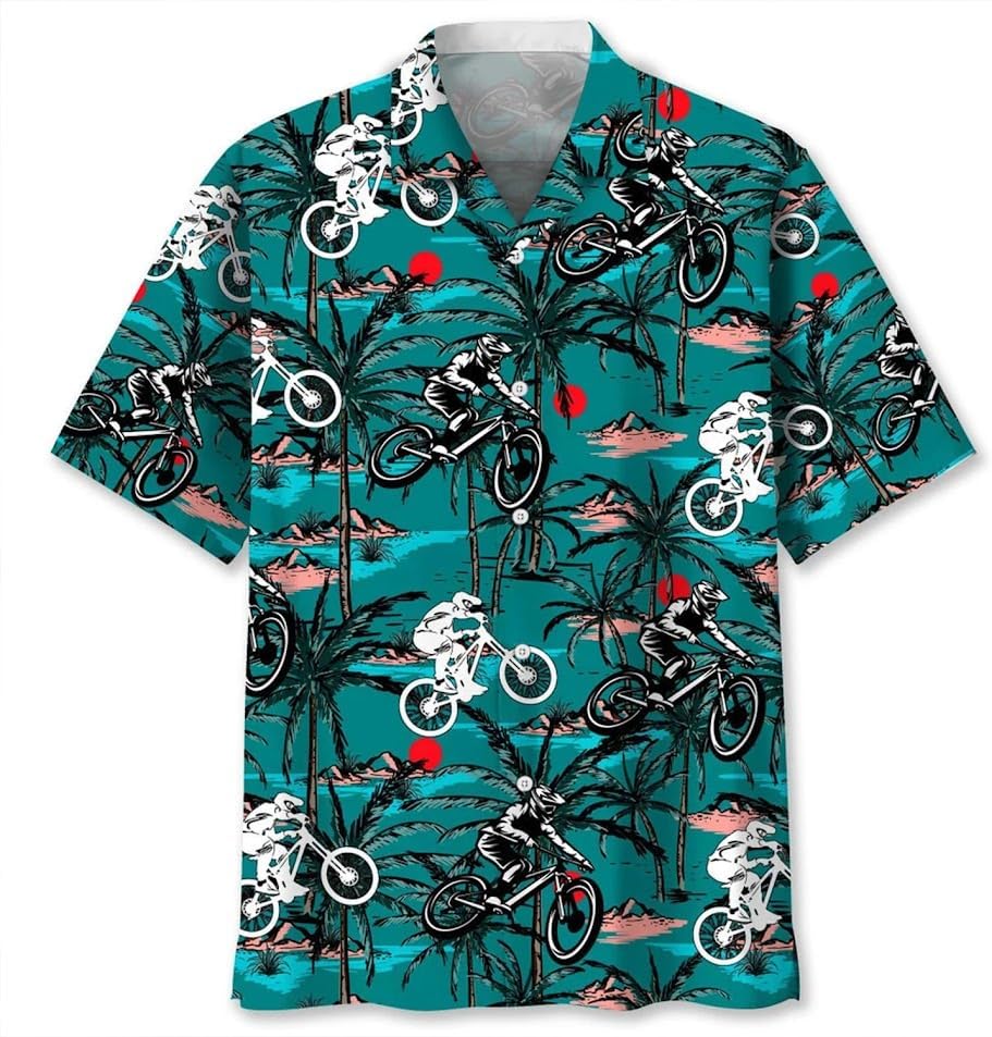 Mountain Bike Hawaiian Shirts for Men, Mens MTB Shirt Summer Short Sleeves Aloha Beach Clothing