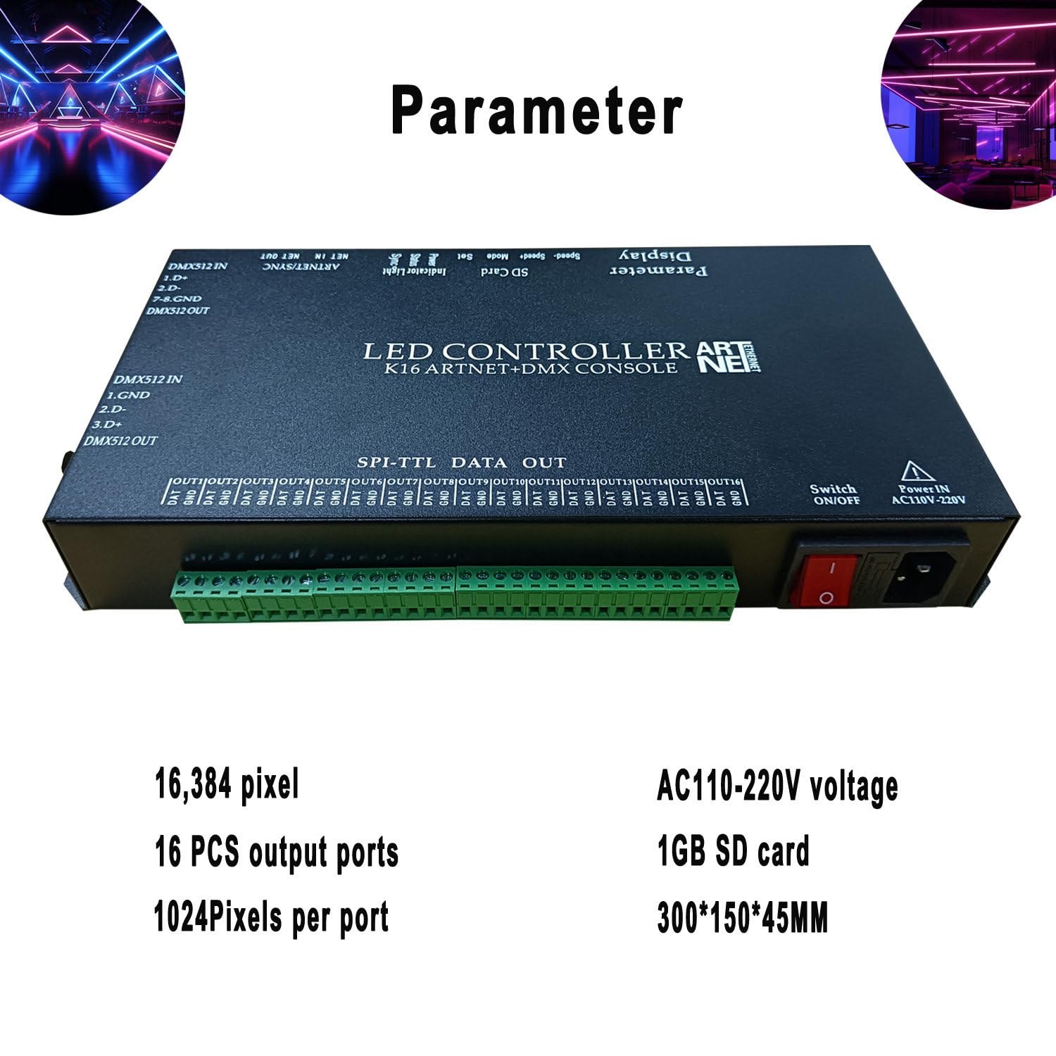 K16-Artnet LED Controller Supporto Madrix Online Offline 16.384 Pixel Indirizzabile Scheda SD Controller LED Programmabile per WS2812B WS2811 UCS1903 RGB LED Luci Striscia