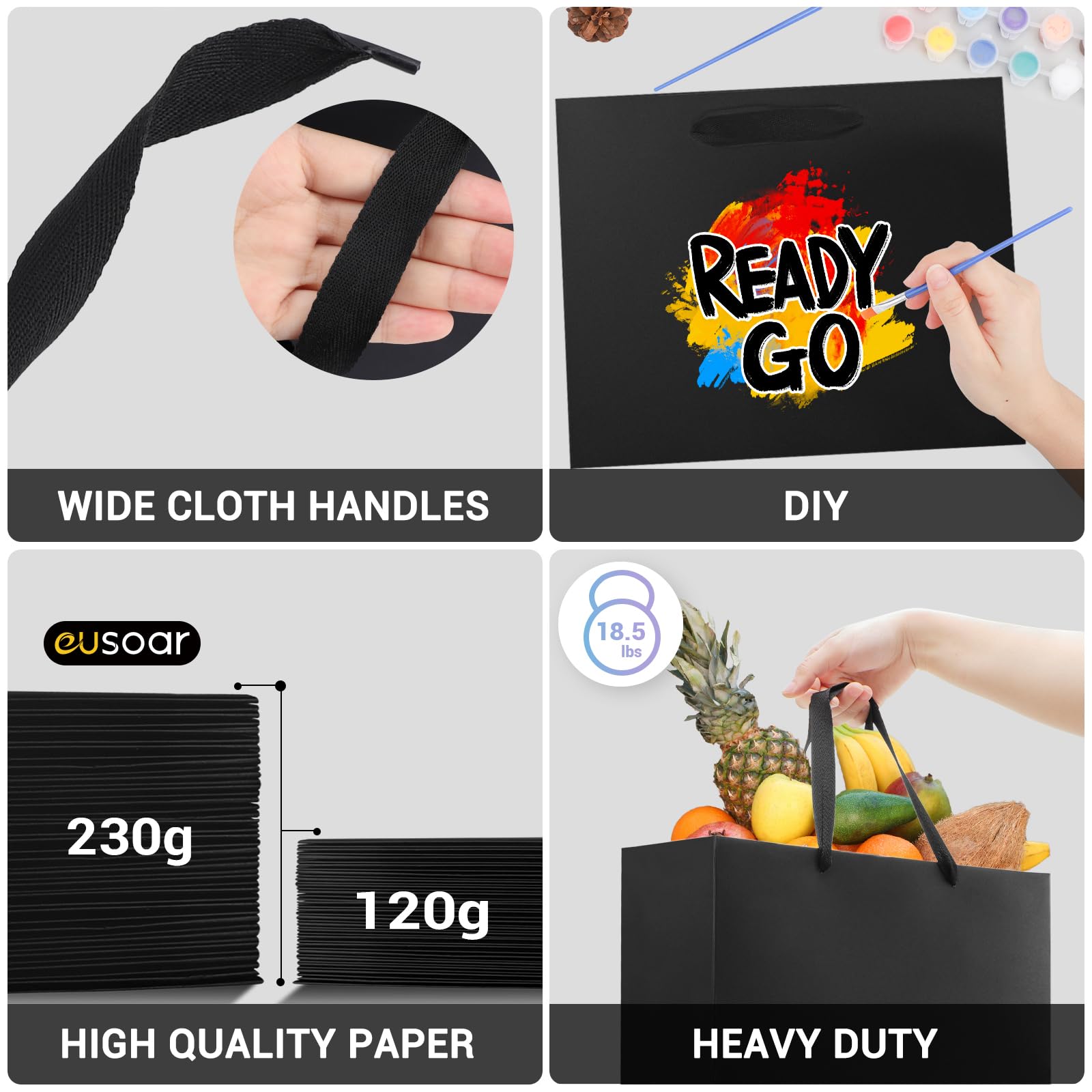 EUSOAR Geschenktüte Schwarze Gross - 250gsm Papiertüten mit Henkel Extra Groß - 20 stück XL 40x30x15cm Kraftpapier Schwarz Papier Tüten Set - Quadrat Geschenk Tüte Papiertragetasche Einkaufstüten