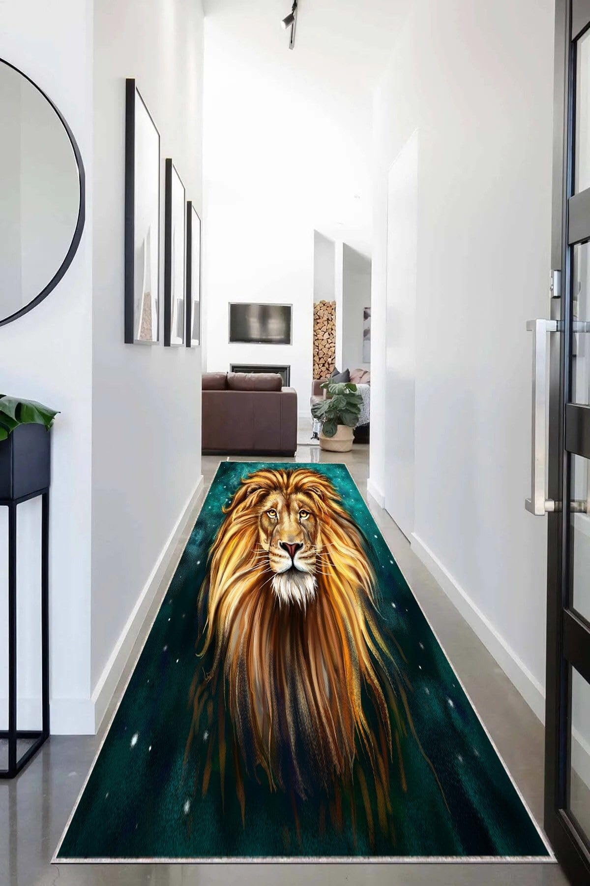 Pelangi Aslan Kafası Portre Aslan Burcu Dijital Baskı Yıkanabilir Modern Salon Halı ve Yolluk, Yeşil-Sarı 80 x 150, 95552980801507