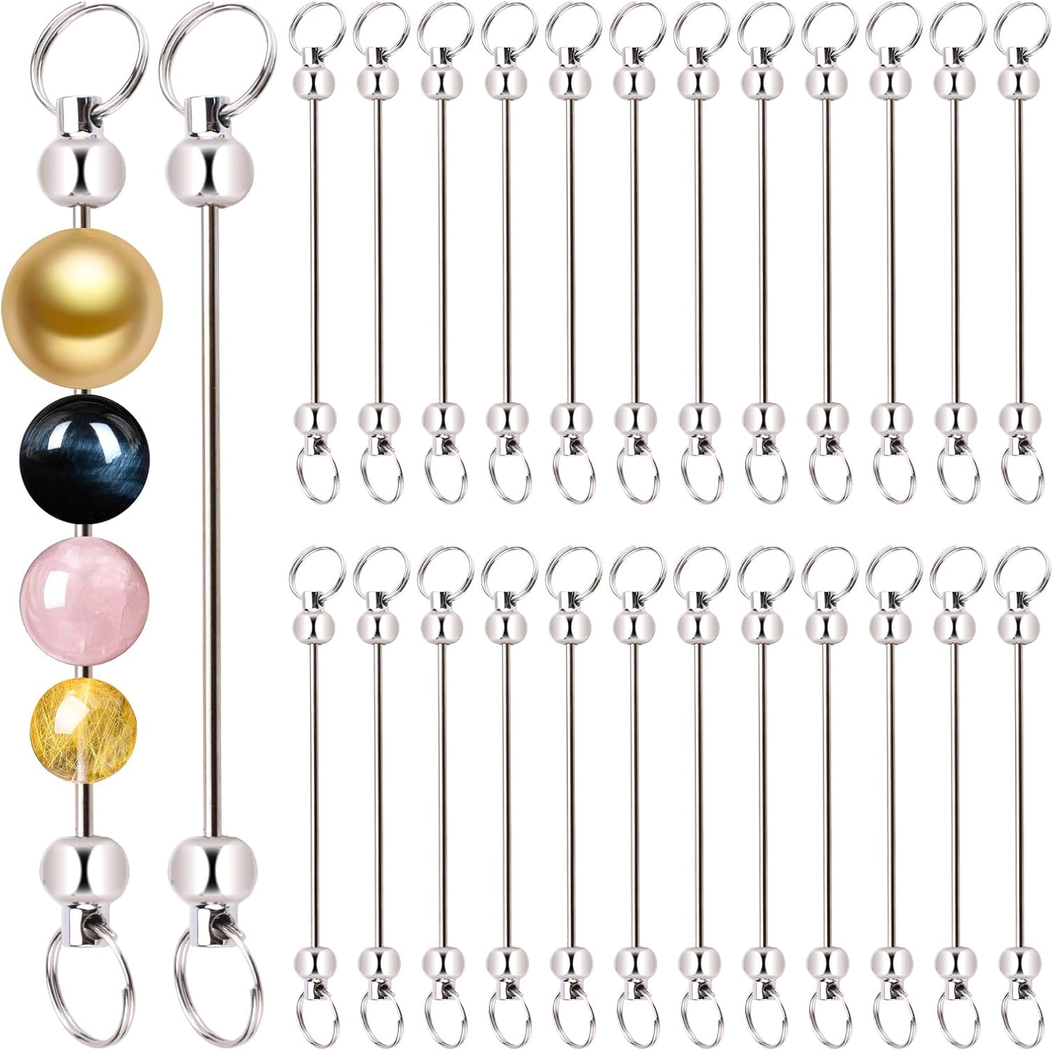 50 Pieces Silver Blank Beadable Keychains Bar Bulk, Metal Keychain Making Kit for DIY Charms Jewelry Hardware Craft Supplies Accessories Pendant Items Beads Excluded