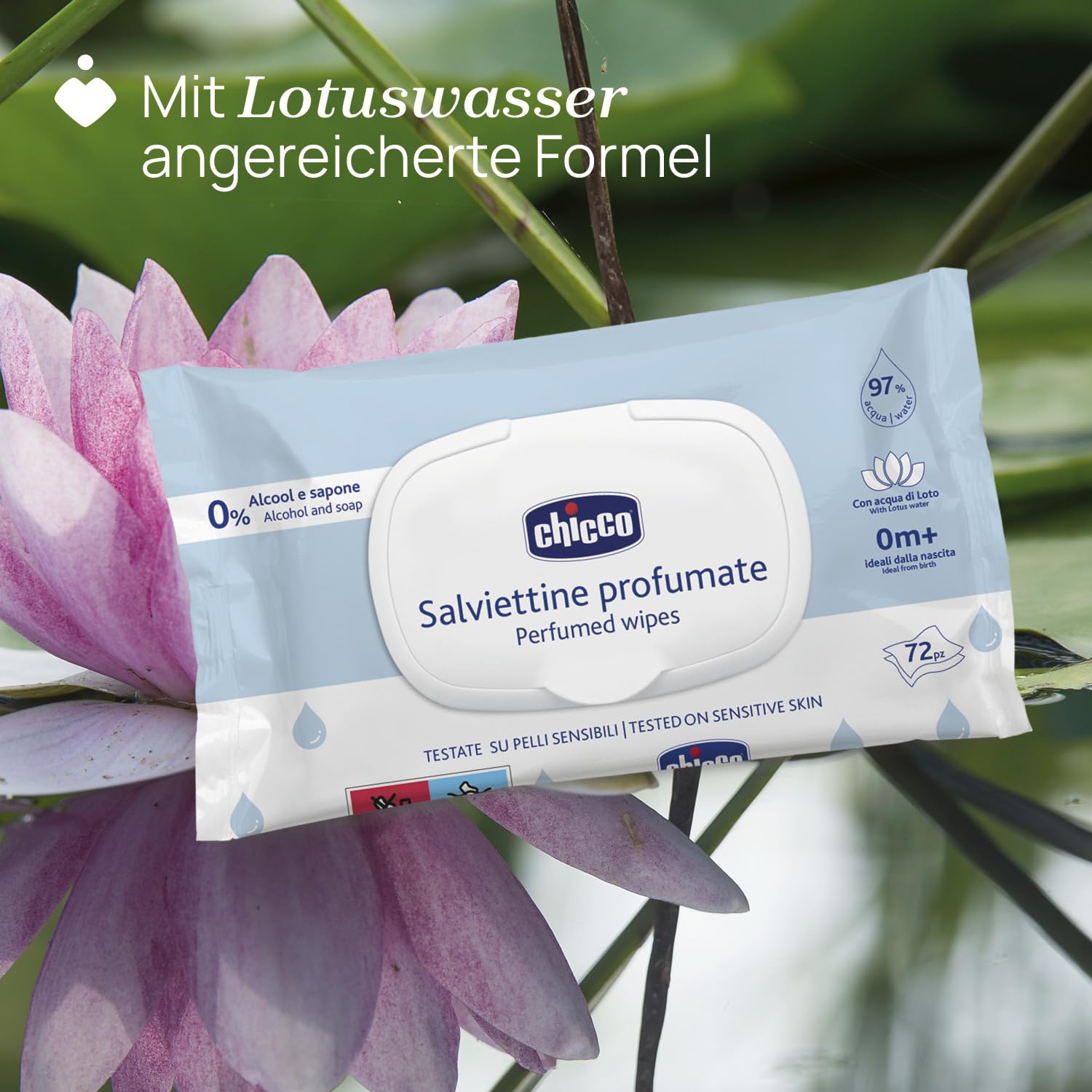Chicco Neugeborenen-Baby-Mehrzweck-Reinigungstücher mit Plaquette, alkoholfrei, parfümiert, für empfindliche Haut geeignet, Multipack mit 864 Tüchern, 12 Packungen mit 72 Tüchern