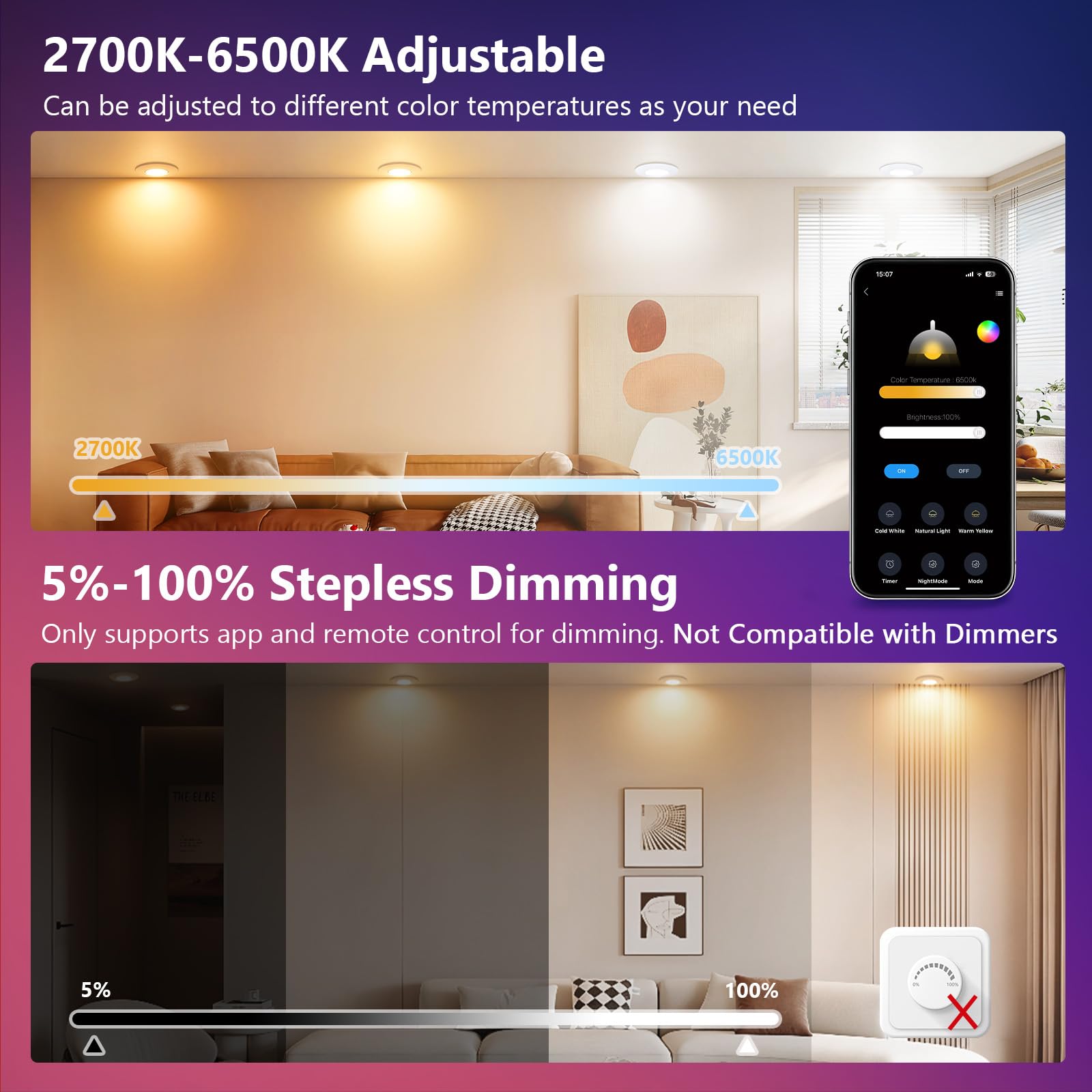 GeyouLux Spots Encastrables LED RGB, Spots LED Intelligents 230V 2700K-6500K Dimmables avec Application et Télécommande, 68-80mm 5W IP44 Ultraplats, Orientables à 45°Blancs pour Salon, 6 Pièces