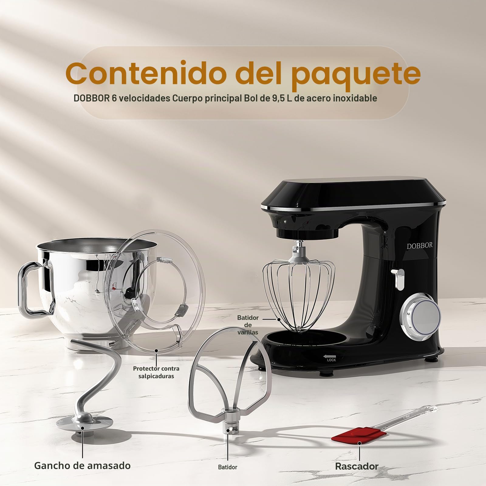 9.5L Batidora Amasadora, DOBBOR 1500W Profesional Movimiento Orbital Robot de Cocina Amasador 5 Funciones (Amasar, Batir, Mezclar, Montar, Emulsionar), 7 Velocidades, Bol de Acero Inoxidable