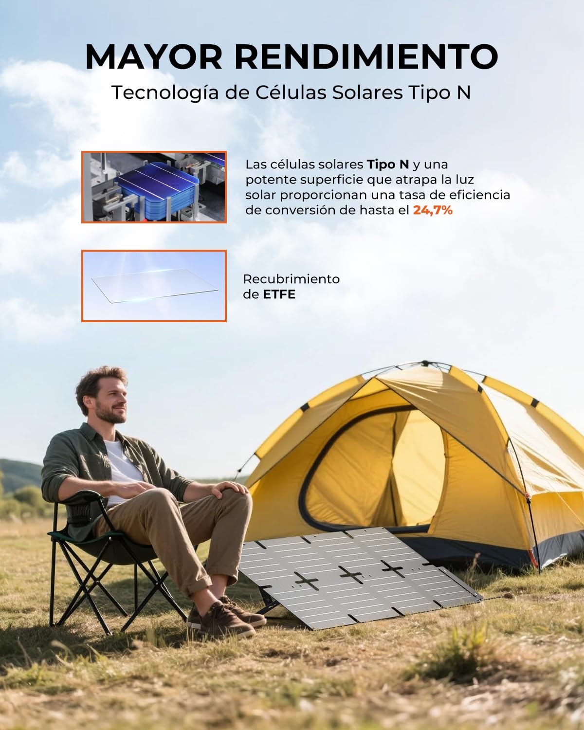 BigBlue Cargador Solar Plegable de 60W, ETFE Panel Solar Portátil QC3.0+PD45W+Salida de CC de 22,2V 【IP68 Resistente al Agua y Soporte】 para Acampada, Compatible con Celular Tableta Generador Solar