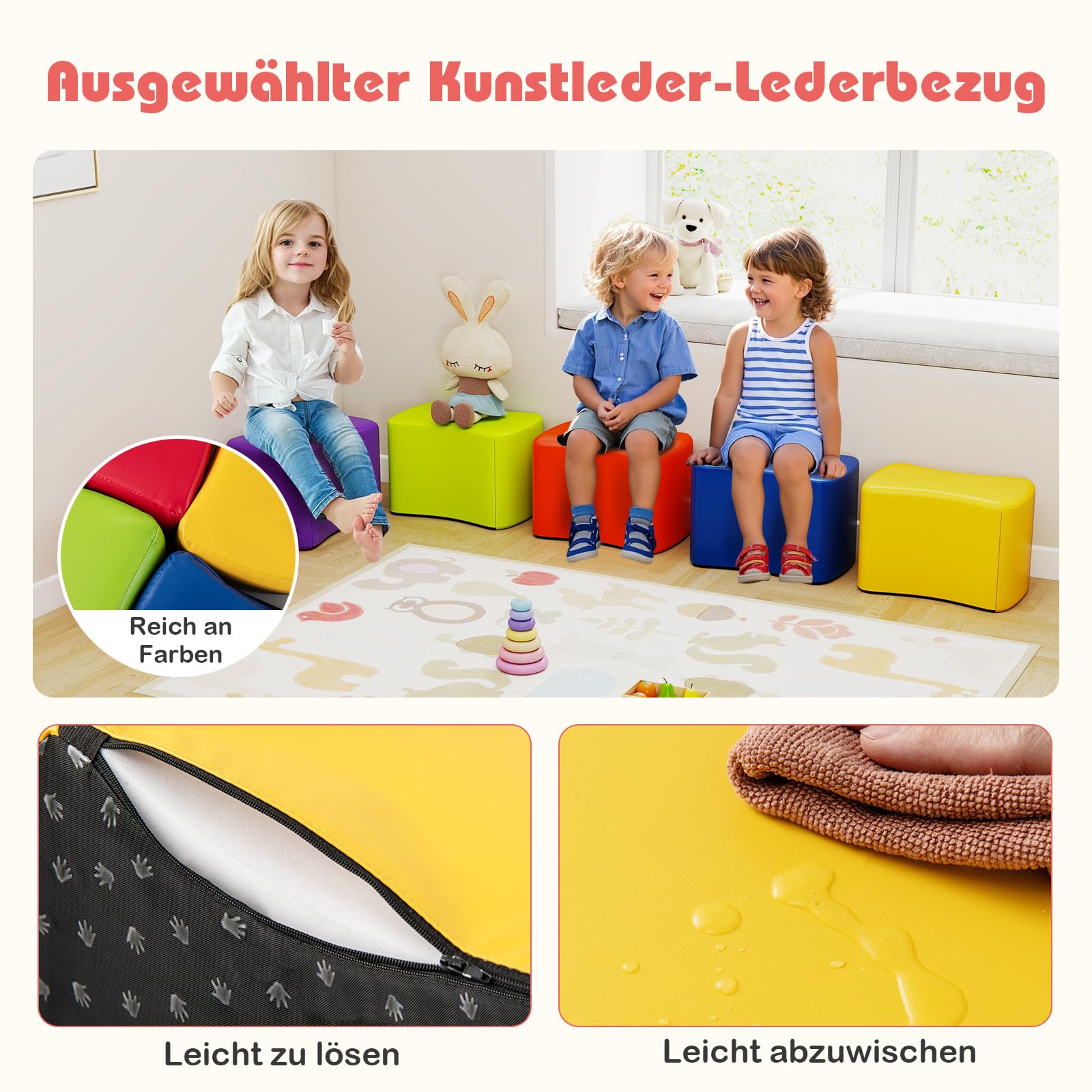 COSTWAY 6 er Set Kinderhocker, Schmetterlingshocker aus Schaumstoff mit abnehmbarem PU-Bezug, bunter Sitzhocker stapelbar, Fußhocker für Kinderzimmer, Kindergarten