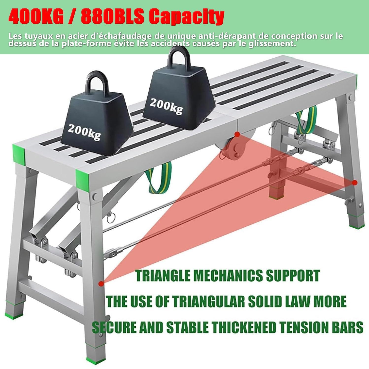 Andamio, Plataforma De Trabajo Plegable, Capacidad De Carga 400 Kg, Plataforma Antideslizante Portátil Plegable, Taburete De Aluminio, Escalera Multiusos,37cm-200cm(90-147cmAdjustableHeight)