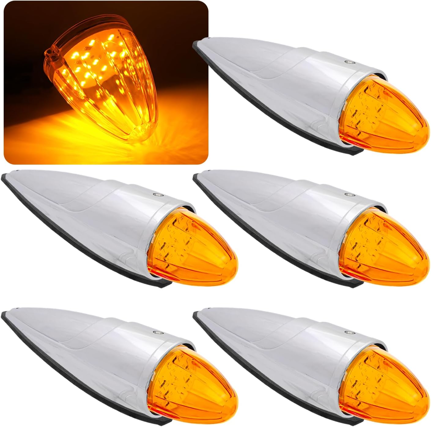 MADCATZ 5 Pcs 34LED Amber Torpedo Cab Marker Roof Running Assembly Top Lights with Chrome Base Replacement for International Truck Trailer Pickup 12V DC Super Bright