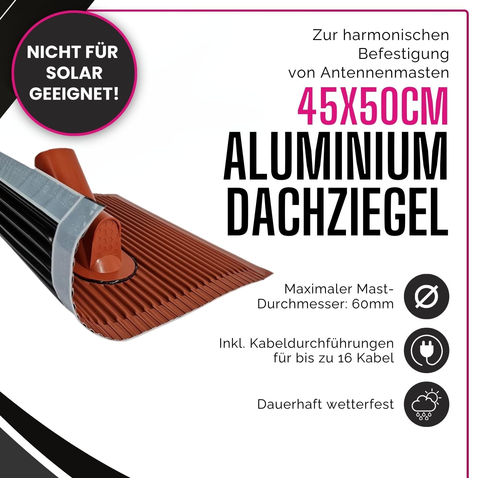 Aluminium Dachziegel 45 x 50 cm rot - mit Kabeldurchführung I Antennenziegel für Mast bis 60 mm Durchmesser I Universal Dachdurchführung wetterfest I Zubehör Antennenmast