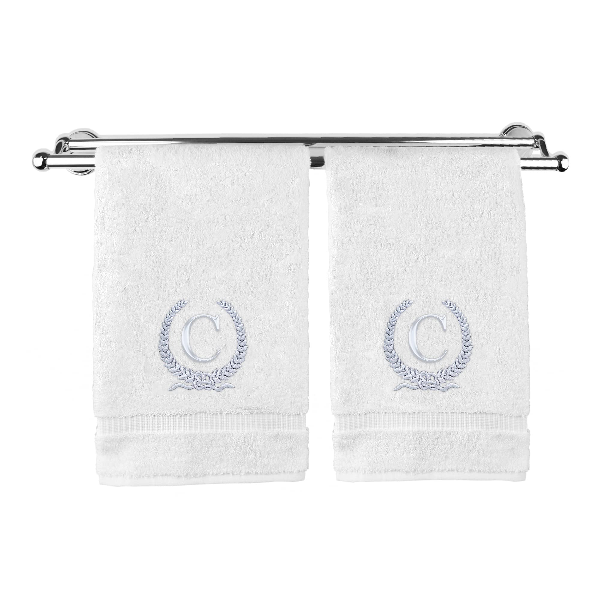 Monogrammed Hand Towel, Personalized Gift, 16 x 30 Inches - Silver Letter Embroidered with Wreath Design on White Towel - Extra Absorbent - 100%