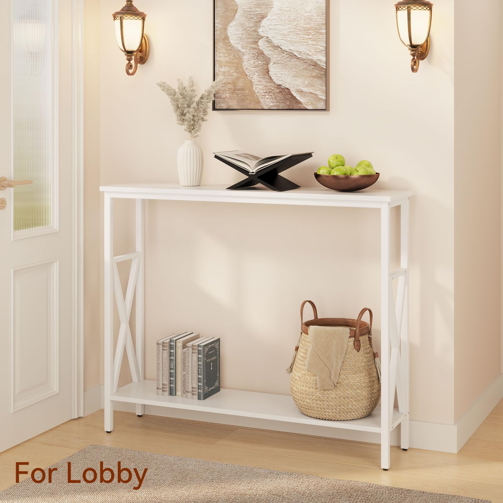 YMYNY Tavolo Consolle, Consolle Ingresso, Struttura Stabile in Acciaio, La piastra può essere regolata verso l'alto e verso il basso, per Soggiorno, Corridoio, 101×25×80.5CM Bianco HST007W