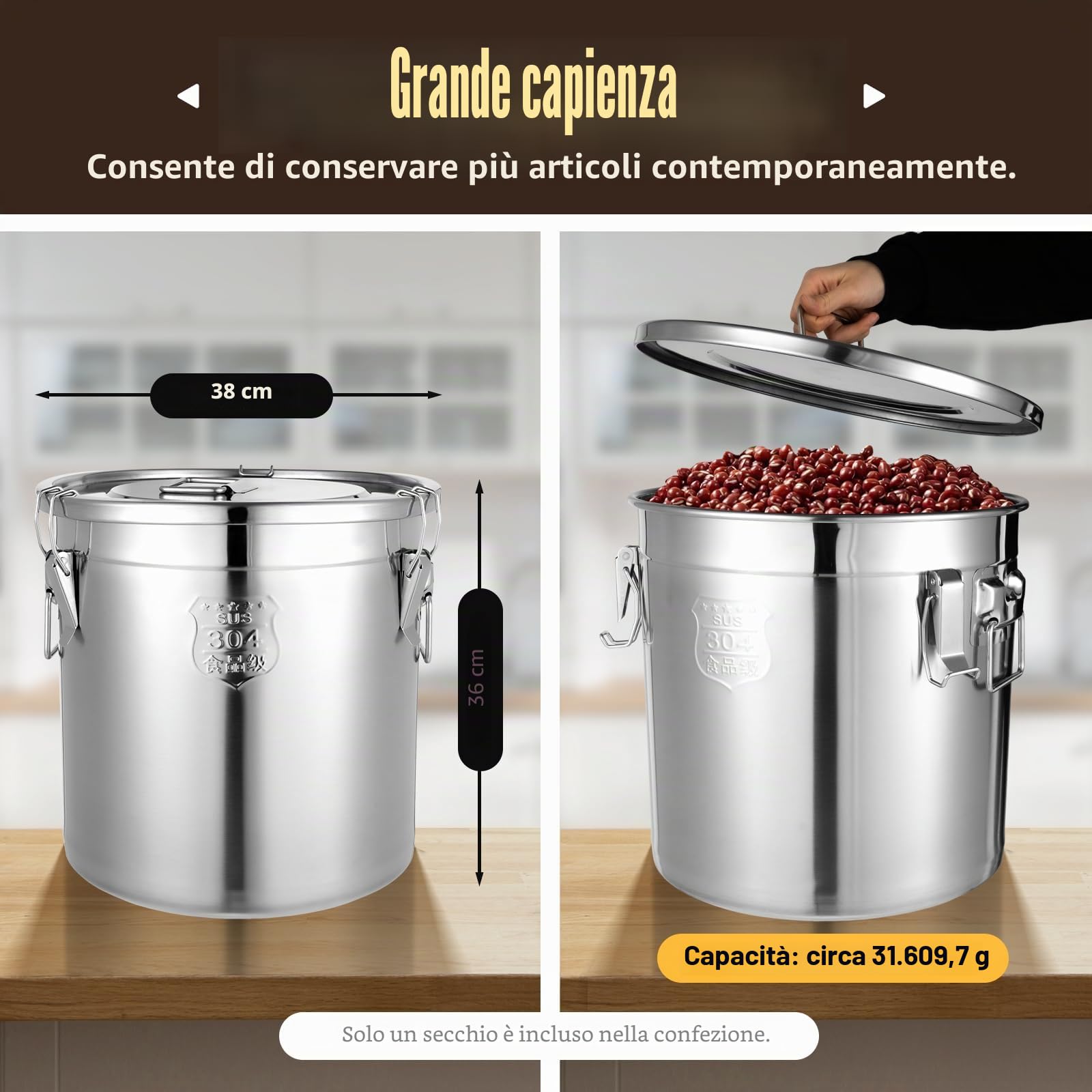 MINRS Secchio con coperchio, contenitore ermetico per alimenti, in acciaio inox, da cucina, in acciaio inox, con coperchio e morsetto di bloccaggio (33 L)