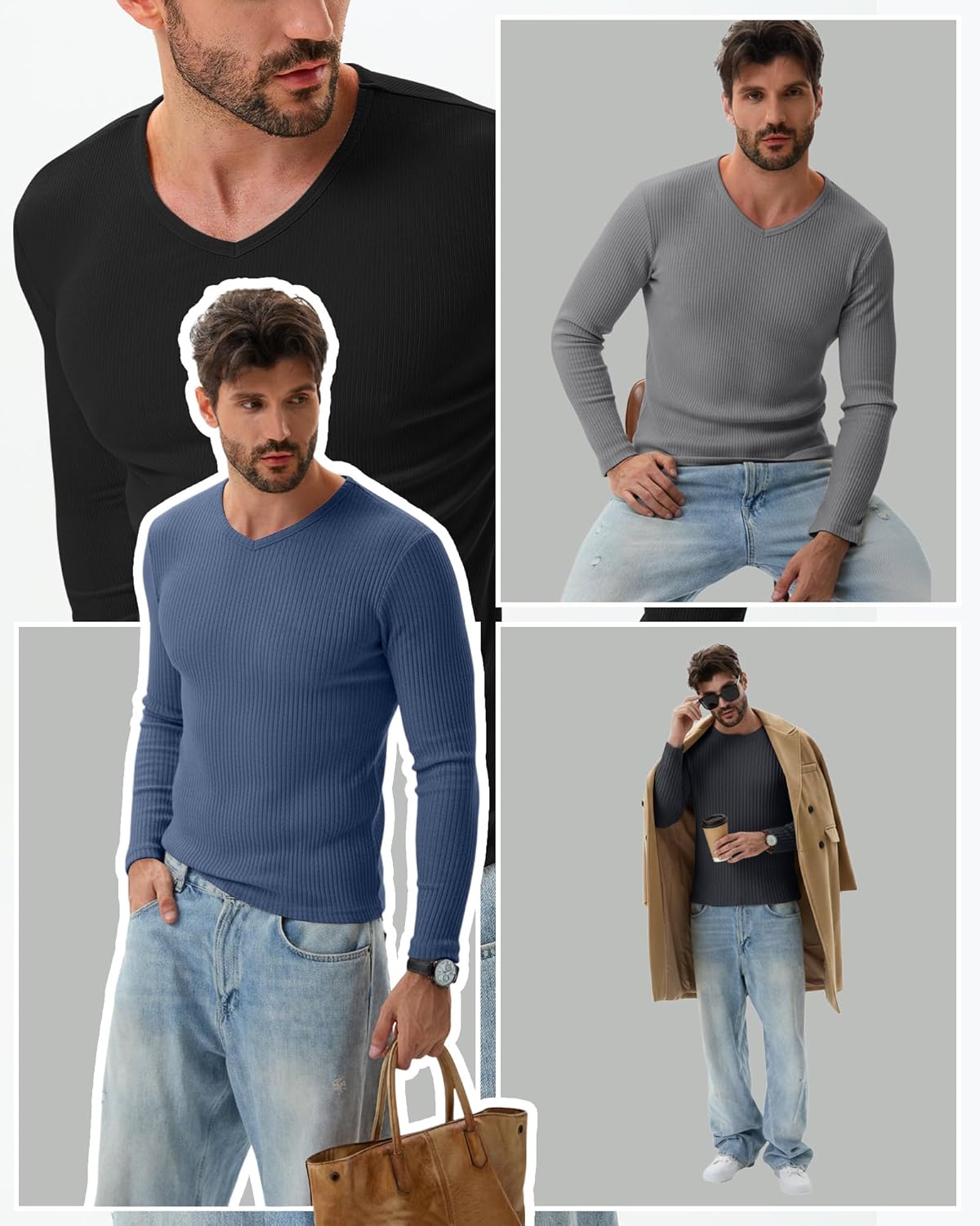 5 Pack Men's Ribbed Thermal Shirts Cotton Long Sleeve V Neck Tops Slim Fit Pullover Undershirt Winter Base Layer - Image 5
