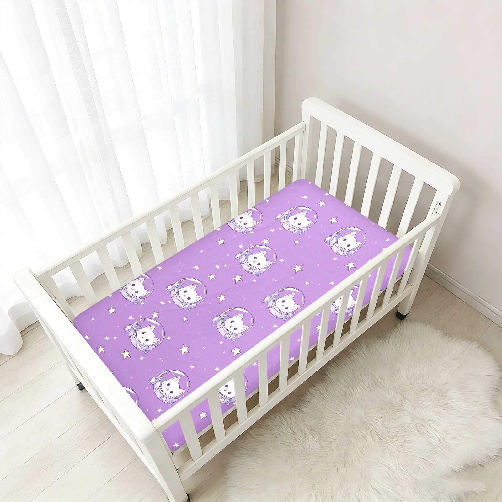 Sábanas para cuna de bebé con diseño de gato blanco y astronauta de dibujos animados, de algodón, ultrasuave, para cuna de niño y niña, 1 paquete de cuna para bebes trenzado