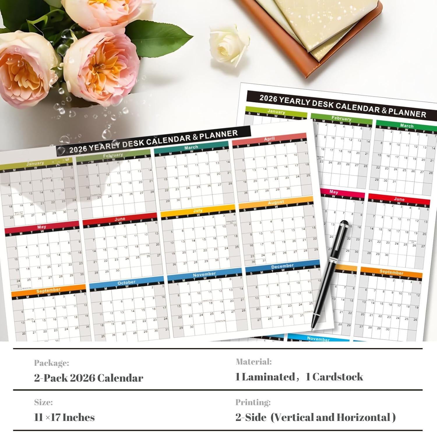2026 Wall Desk Calendar 11x17 Inch, Reversible 2-Sided Horizontal or Vertical, 12 Month with Generous Block Space & Holidays Marked for Office, Home, School - 2 Pack (1 Laminated & 1 Cardstock)