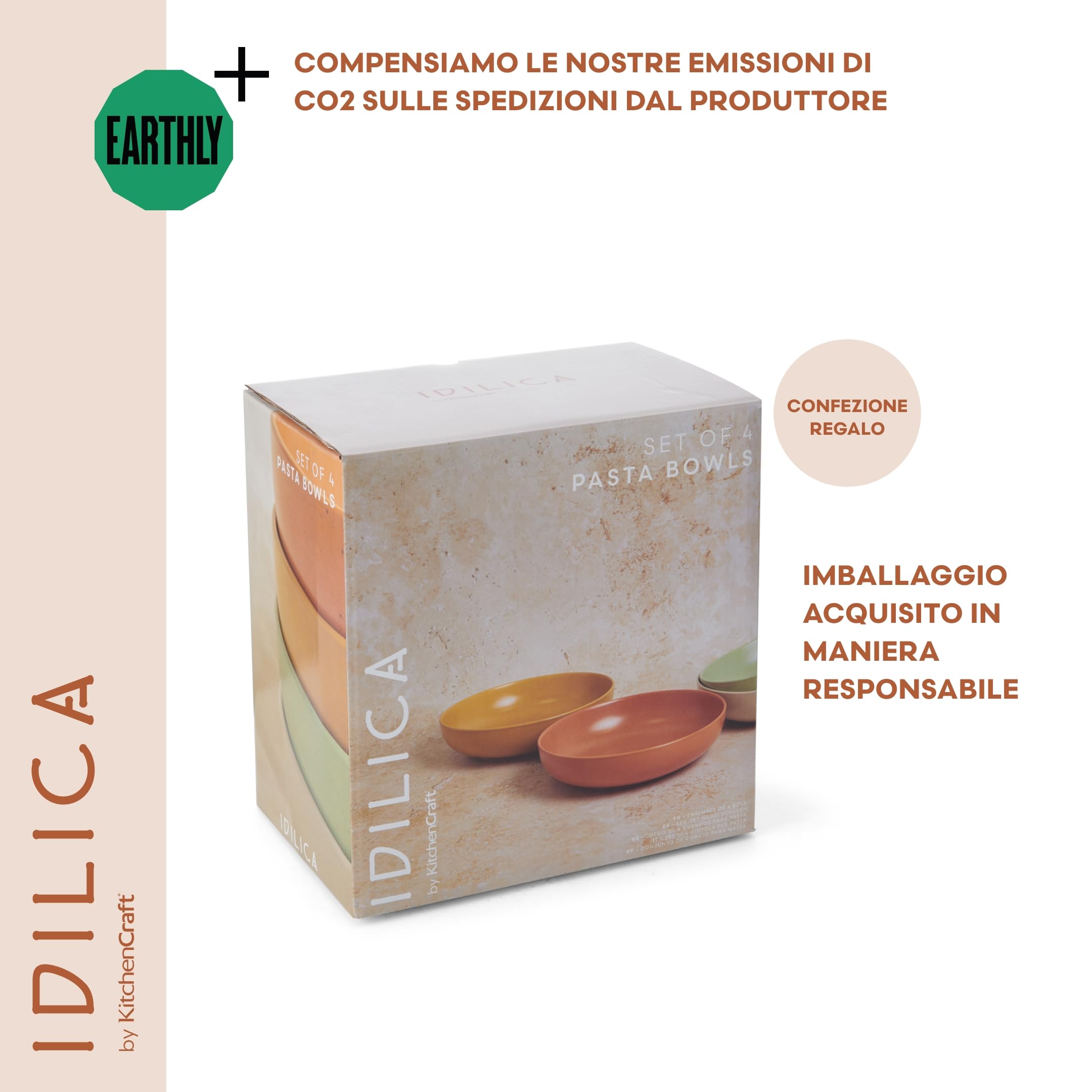 KitchenCraft Idilica Ciotole per pasta in gres, Set di 4 ciotole basse in ceramica, adatte al microonde e alla lavastoviglie, colori assortiti
