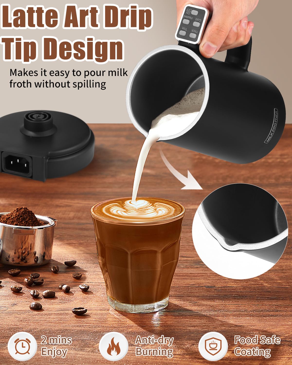 Spieniania Mleka,600ML Spieniacz do Mleka ma Pojemność 4 w 1 Spieniacz do Mleka Spieniacza Można Automatyczne Podgrzej Mleko do Cappuccino, Frappe, Matcha, GorąCej Czekolady, Czarny