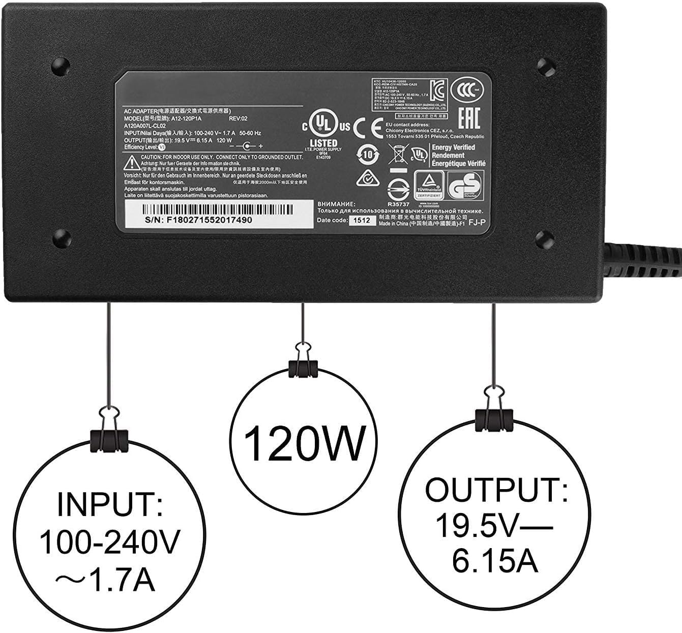 120W Laptop ChargerCompatible with MSI GE60 GE70 GF63 GP62 GV15 GE60 Thin 10SC 11UC MS-16R5 A12-120P1A A15-120P1A ADP-120MH D adp-120vh d chicony a17-120p2a 12th 13th14 15 Gaming Power Supply