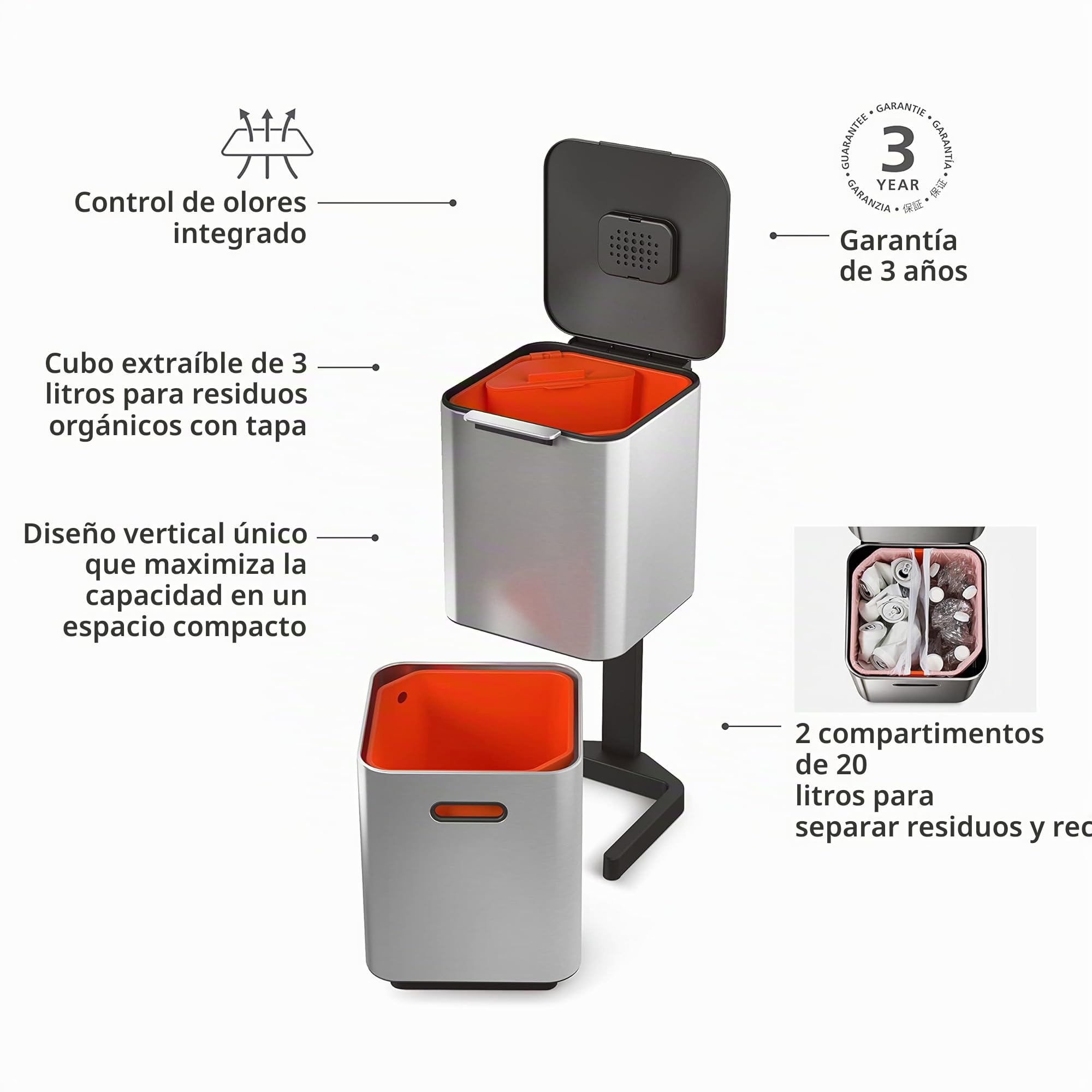 Joseph Joseph Totem Compact - Unidad de Separación de Residuos y Reciclaje con una Capacidad de 40 litros - Acero inoxidable