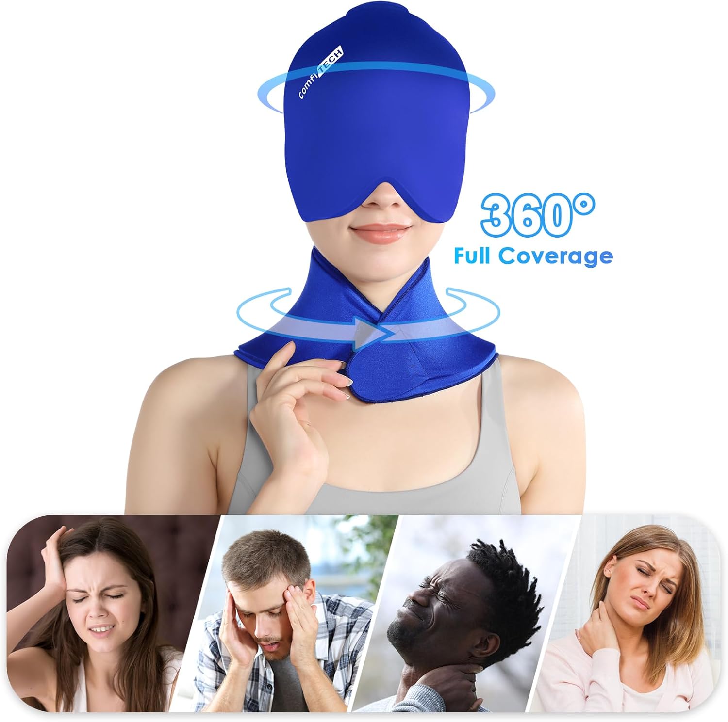 ComfiTECH Cold Cap and Neck Ice Pack Wrap Gel Combo, Care Package for Head and Cervical, Blue