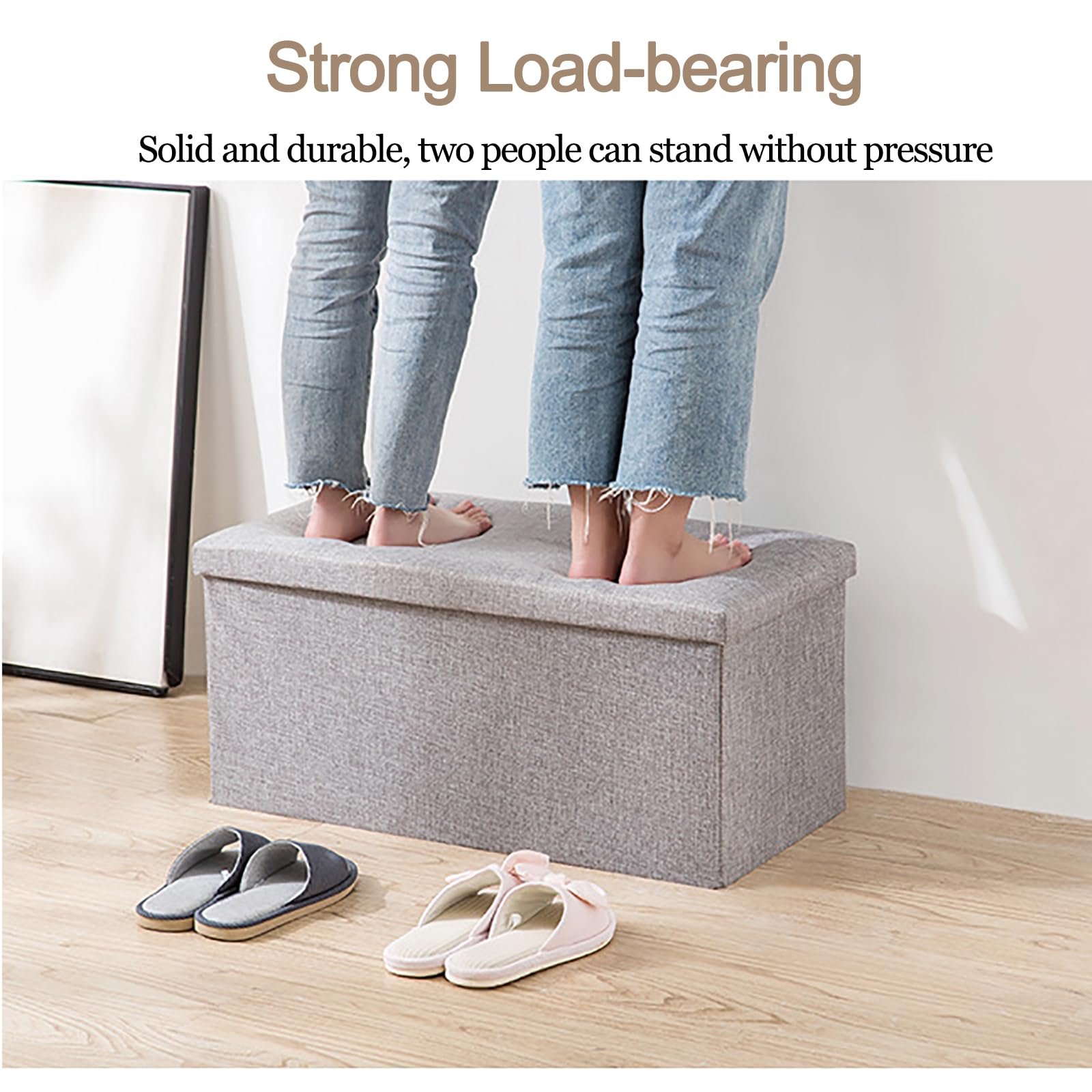 SET OF 2 Cotton Linen Foldable Storage Bench, Large Fabric Ottoman For Clothes Shoes, Multi-Function Shoe Bench(SET OF 2 Khaki,76x38x38cm(30x15x15in))
