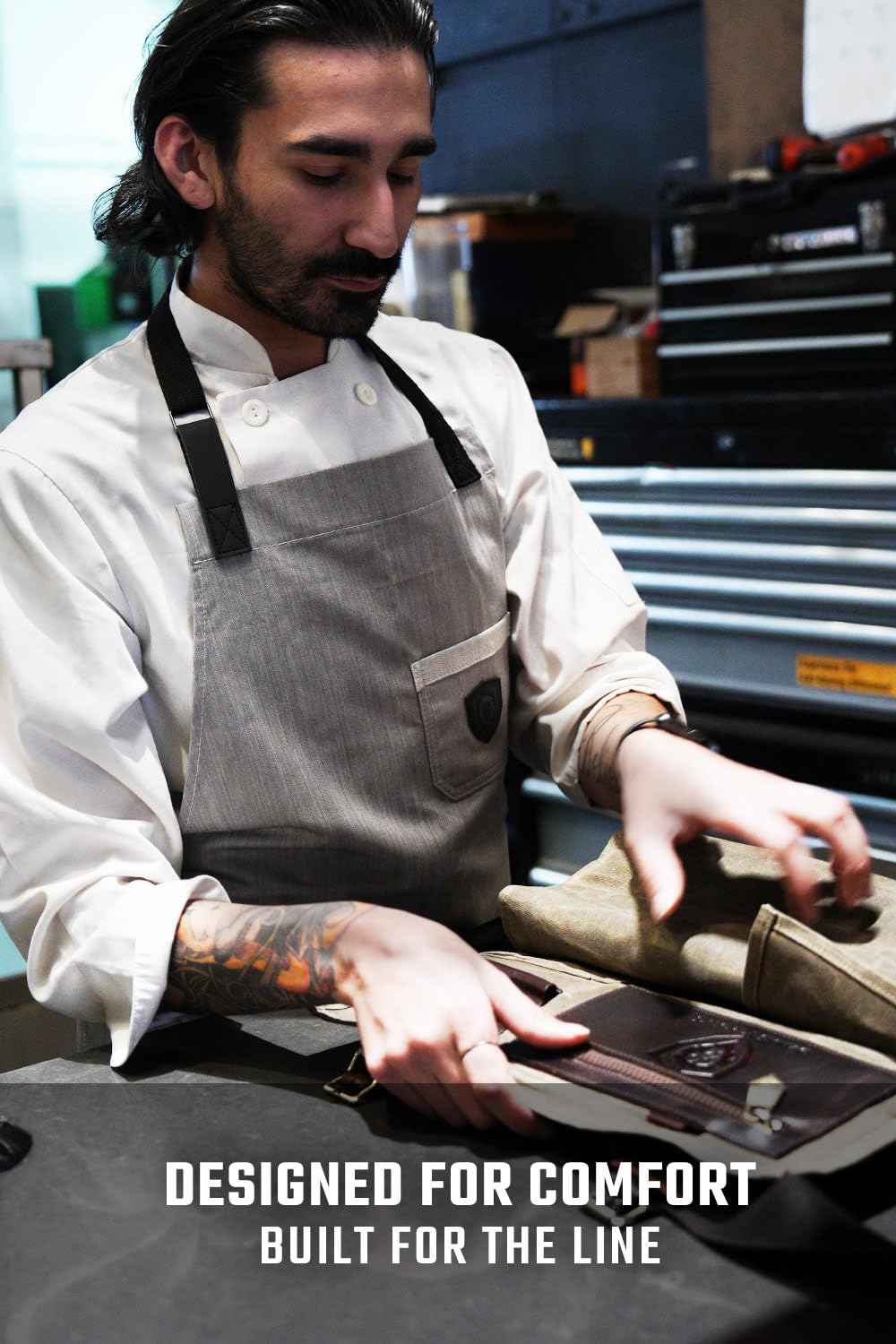 Dalstrong– Delantal profesional de chef – The Gandalf – Mezclilla gris – Detalles de piel – Ajustable
