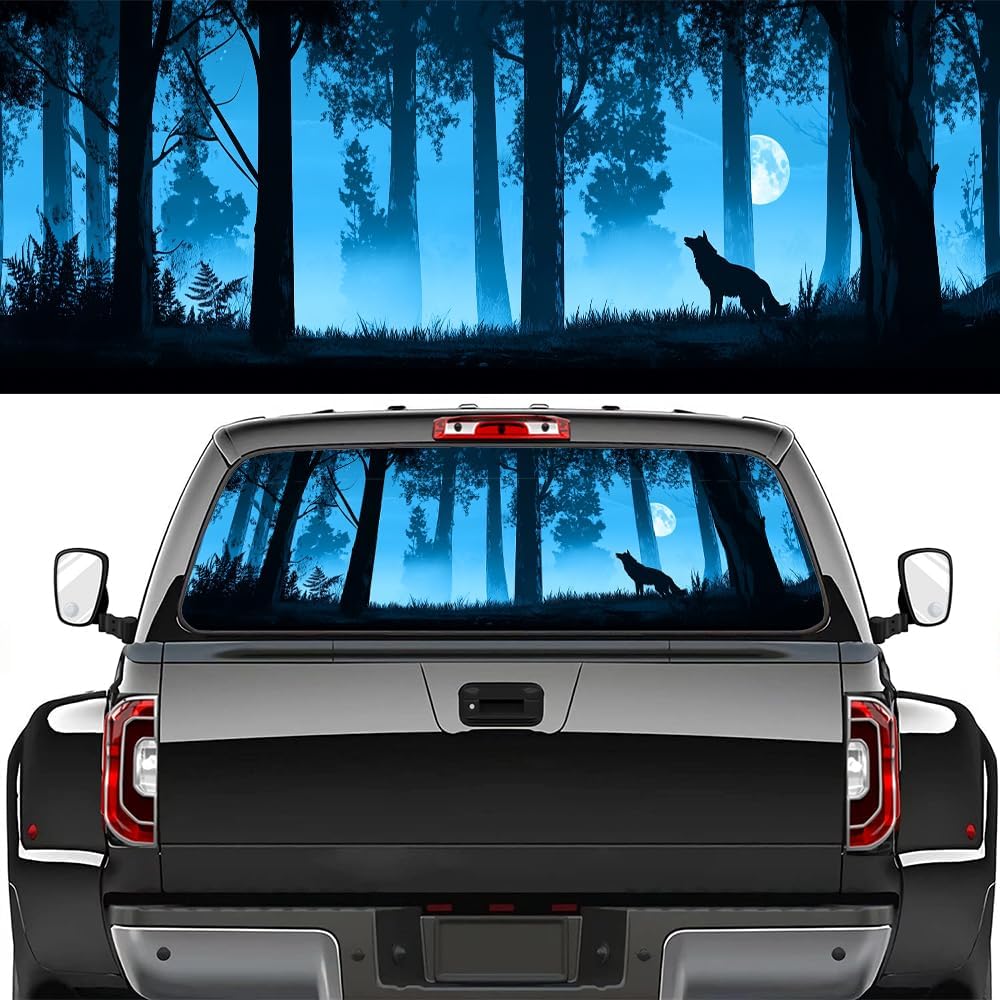 Modern Wolf Rear Window Decal Wrap Graphic, Countryside Moon Forest Night Landscape Vinyl Window Film Truck Back Window Decals,Pickup Trucks Back Window Stickers 66 x 22 inch