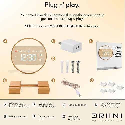 Miniatura 6 de Driini Moderno reloj de pared digital grande  Madera de bambú con pantalla LED grande  Día de la semana, hora, temperatura y humedad  Reloj estético