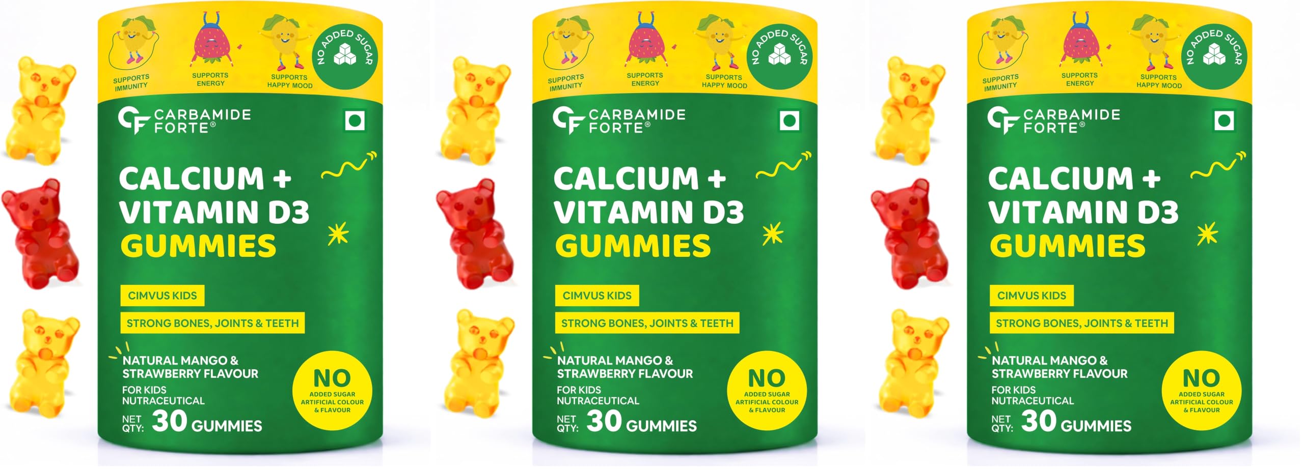 Carbamide Forte Calcium for Kids + Vitamin D3 Gummies | Calcium Gummies for Kids With Phosphorus | Calcium Supplements For Growing Bones & Teeth | Mango & Strawberry Flavour | 30 Veg Gummy (Pack of 3)-image-44