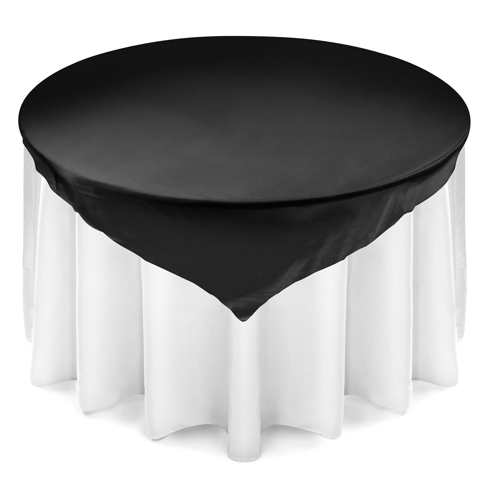 Lann's Linens - 5 Satin Overlay Table Toppers - 72" Square Tablecloth Covers for Wedding, Reception or Party - Black