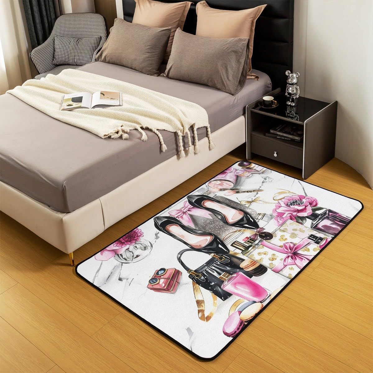 Erosebridal Pink Area Rug 4'11" x 3'3" Cute Flower Girly Carpet Bow Coquette Sweet Decorative Washable Rug Modern Magazine Silver High Heel Girls Women Indoor Floor Mat Preppy Makeup Romantic Decor