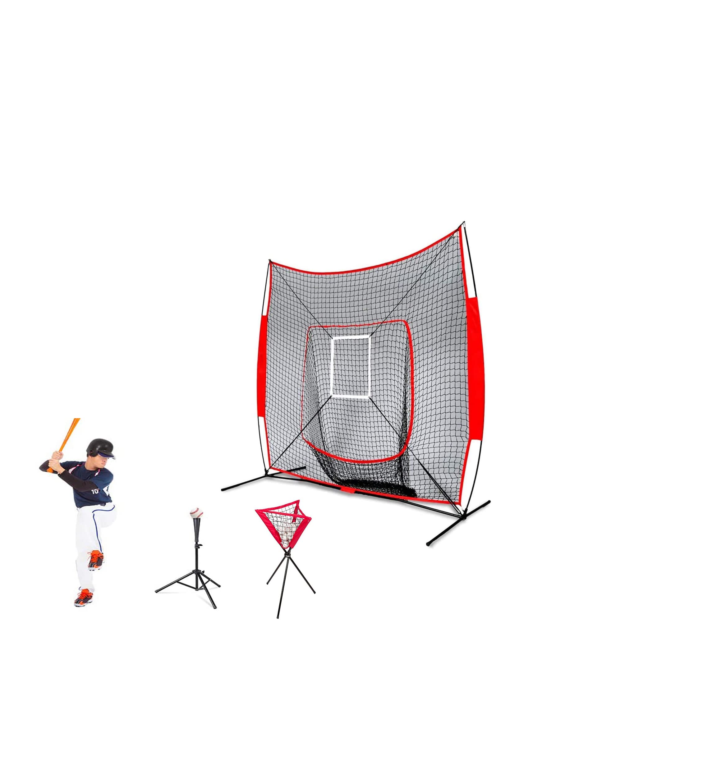 ROYAL POLAR Baseball Practice Net 7ft x 7ft Softball Practice Net Hitting Batting Catching Pitching Training Net with Strike Zone Fielding Net with Carry Bag Metal Bow Frame Great for All Skill Levels