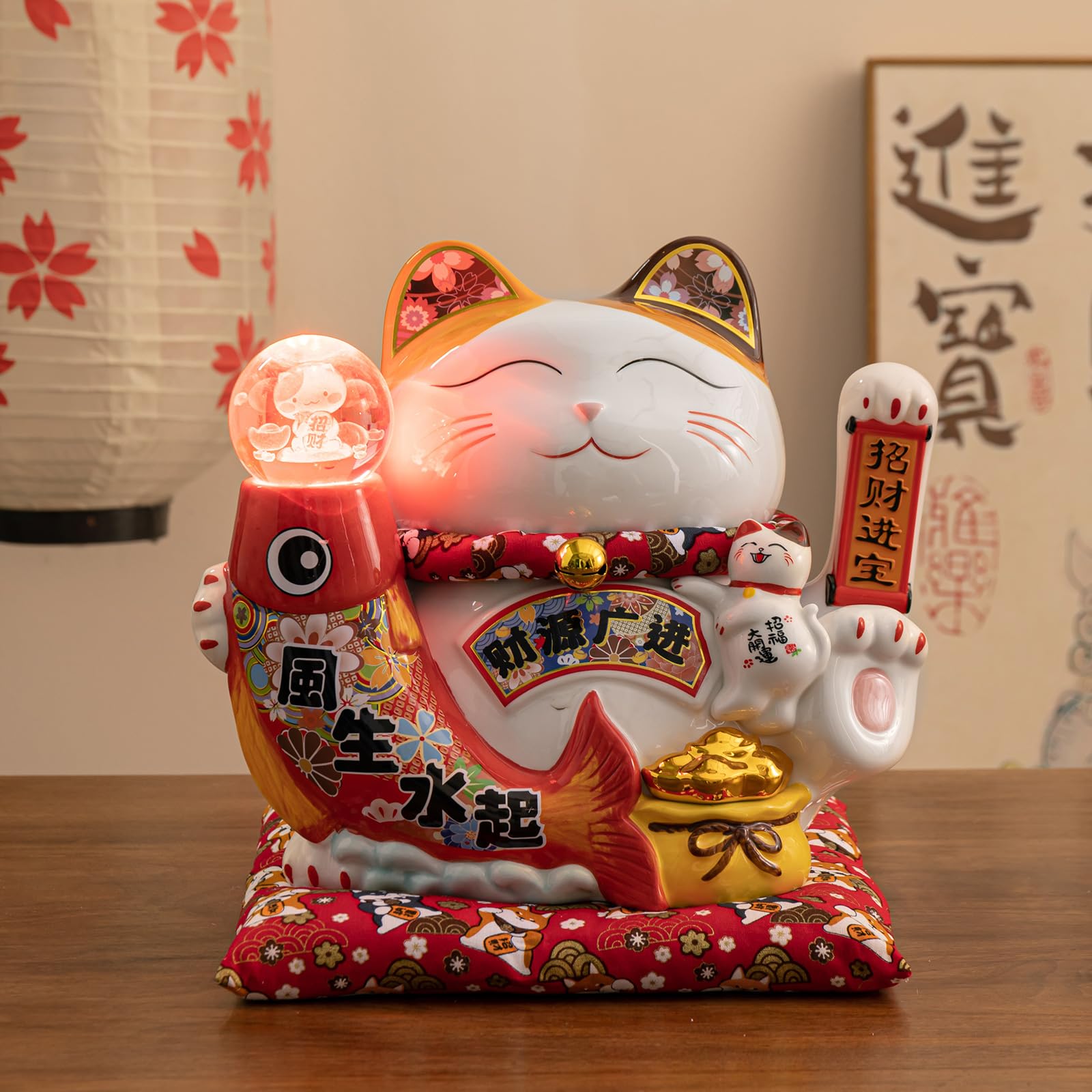 Estatua grande de gato de la suerte Maneki Neko con bola de cristal, figura de gato de la fortuna japonesa, blanco y rojo