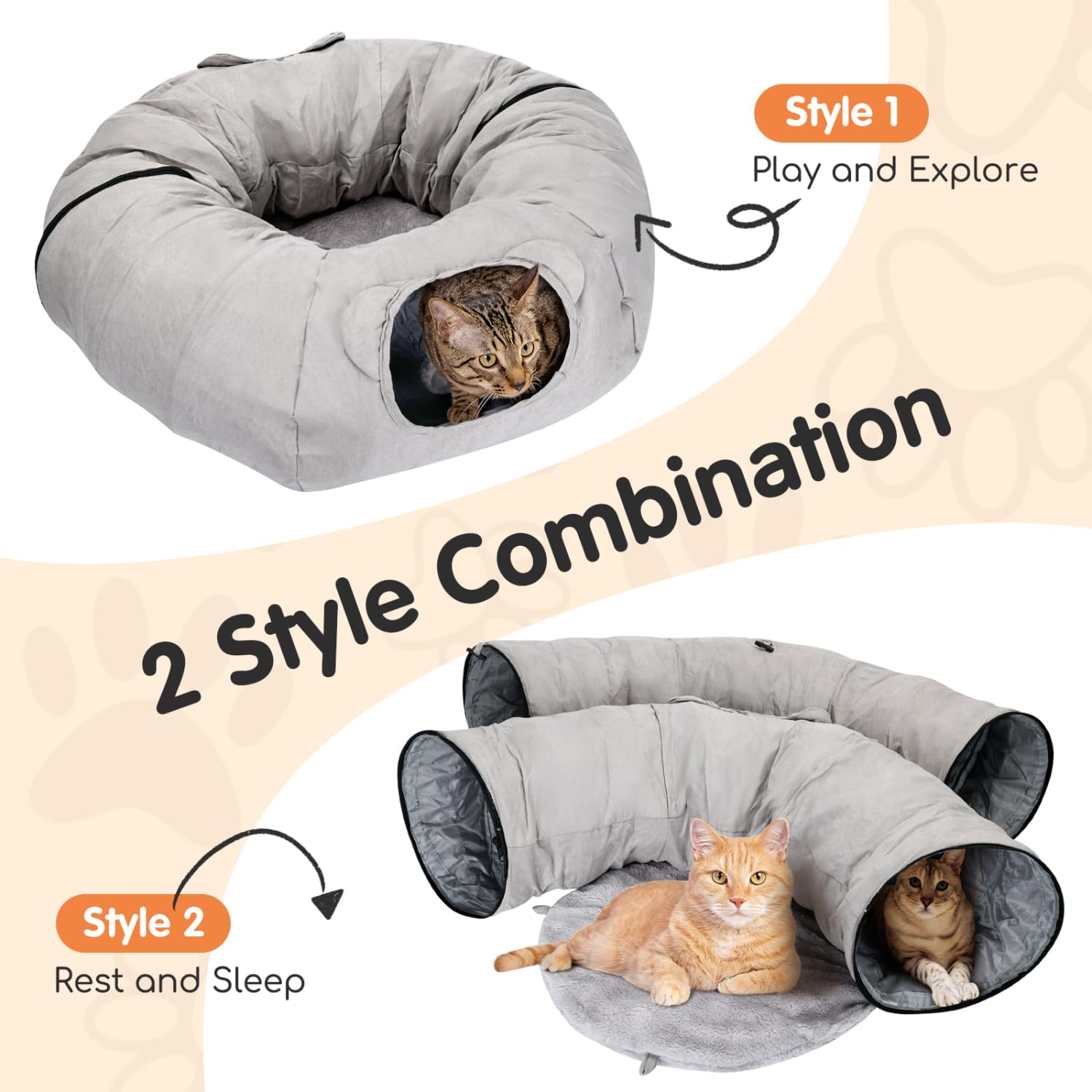 Nobleza Cat Bed with Tunnel & Balls, Large Donut Cat Tube with Peek Hole, Crinkle Sound for Cats & Kittens - Grey - Image 2