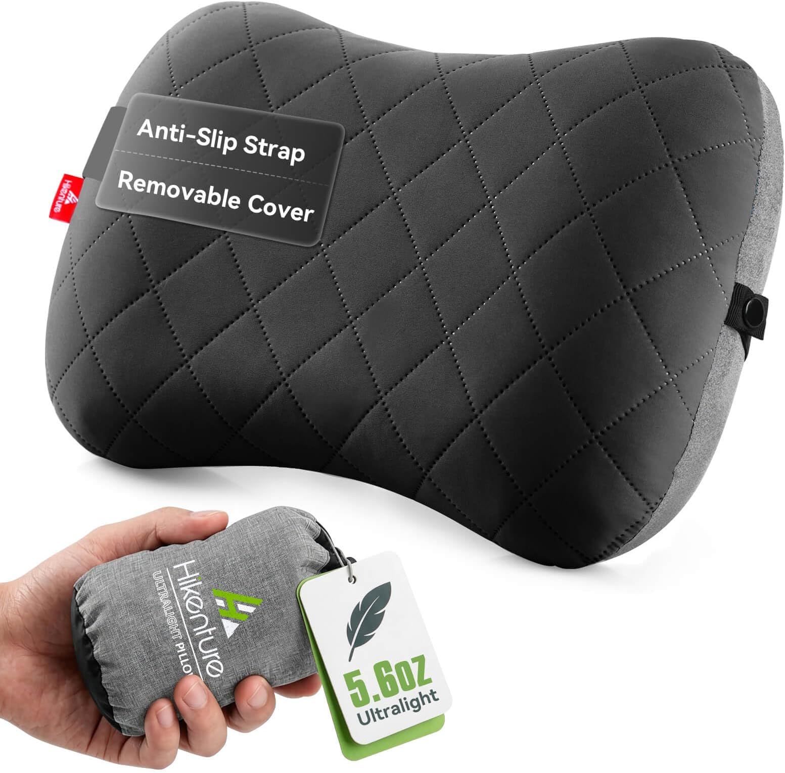 Hikenture Camping Pillow with Removable Cover - Ultralight Inflatable Pillow for Neck Lumbar Support - Upgrade Backpacking Pillow - Washable Travel Air Pillows for Camping, Hiking, Backpacking (Black)