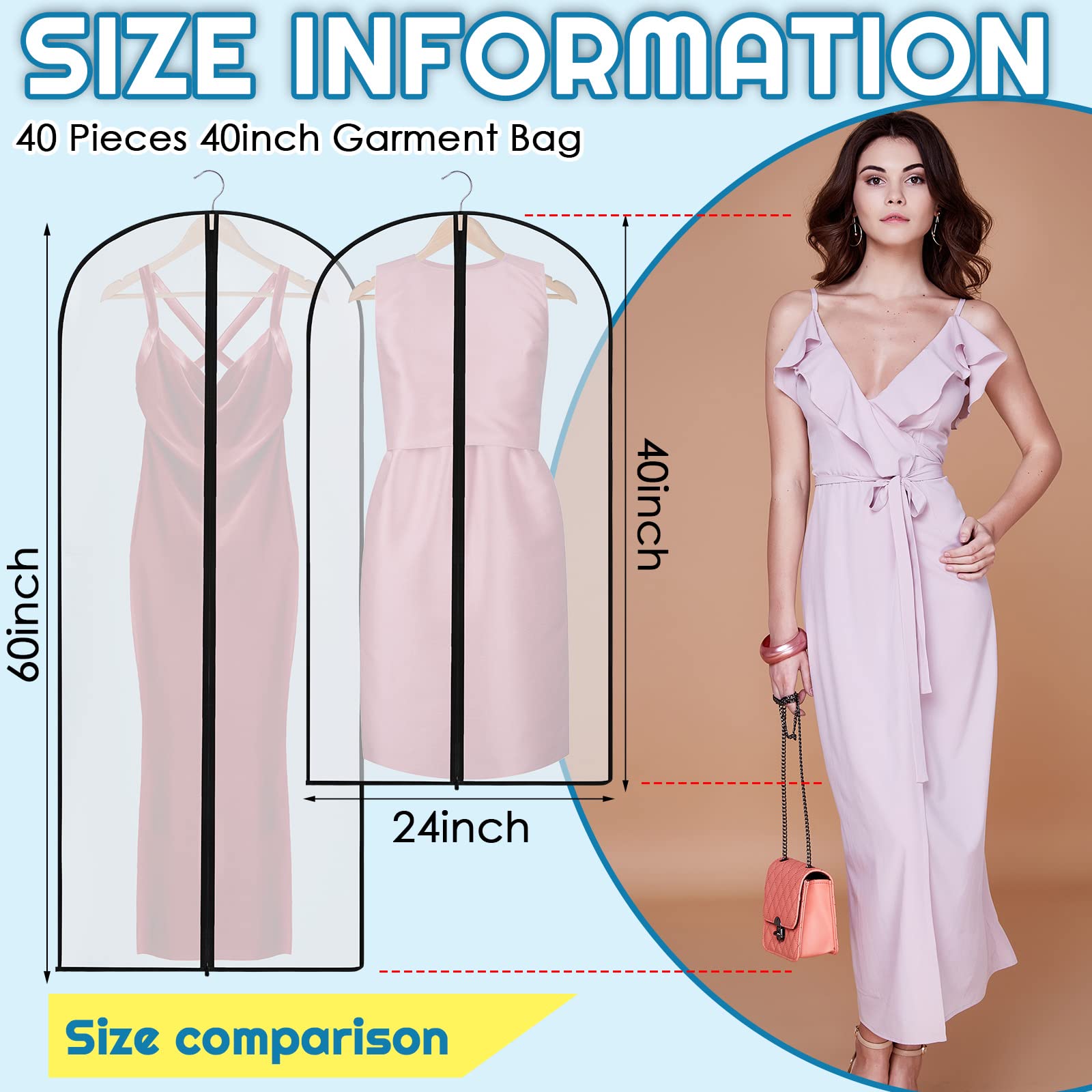 40 Pieces 60/40inch Garment Bags for Hanging Clothes with Zipper Hanging Garment Dress Bags for Gowns Long Storage Plastic Suit Cover for Coat Protector Travel Closet Clothing(24 x 40 Inch)